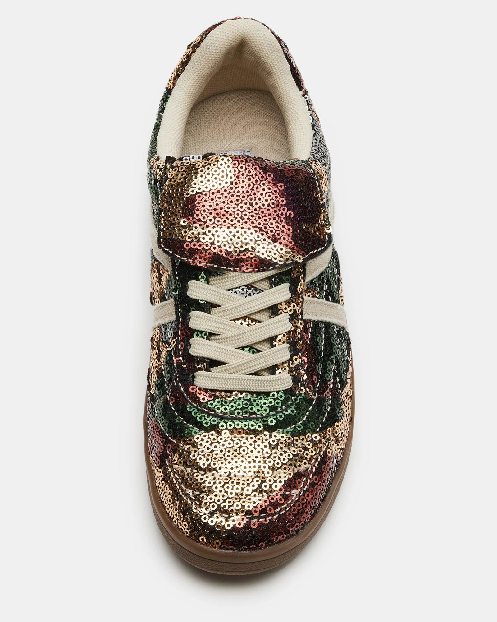 Close-up of the camo-print sequin detailing on these stylish low-top sneakers.