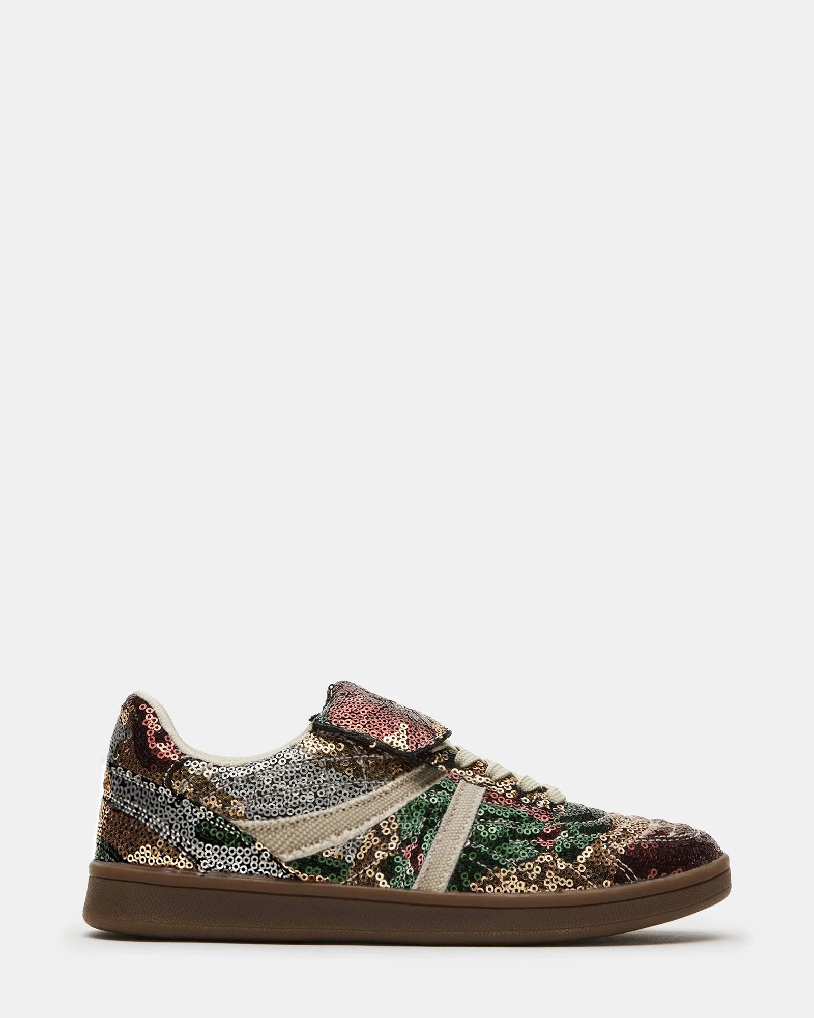 Madrid Sequin Camo sneakers from a side angle, showcasing the lace-up design and textured upper.