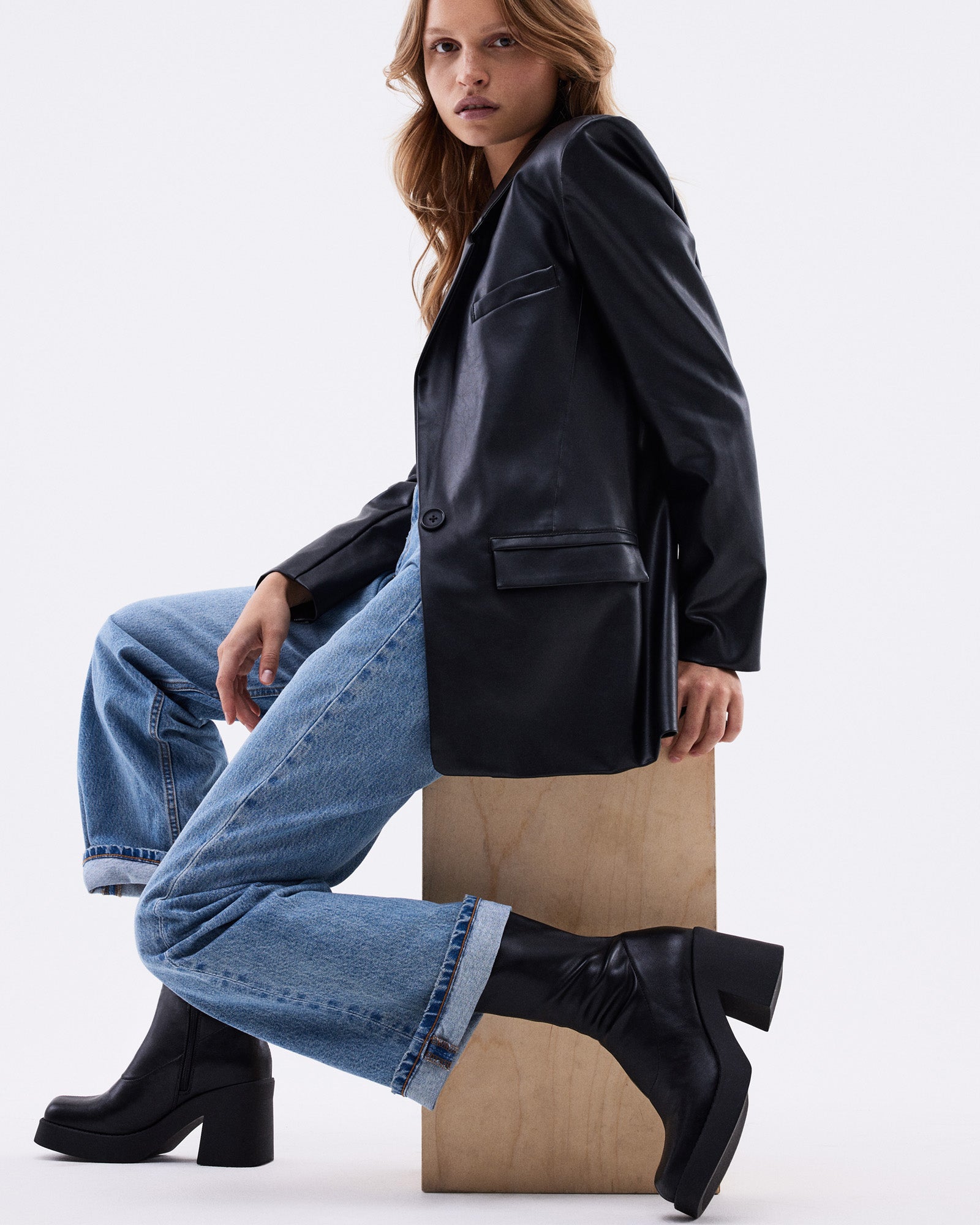 Close-up of vegan leather upper material on platform boots