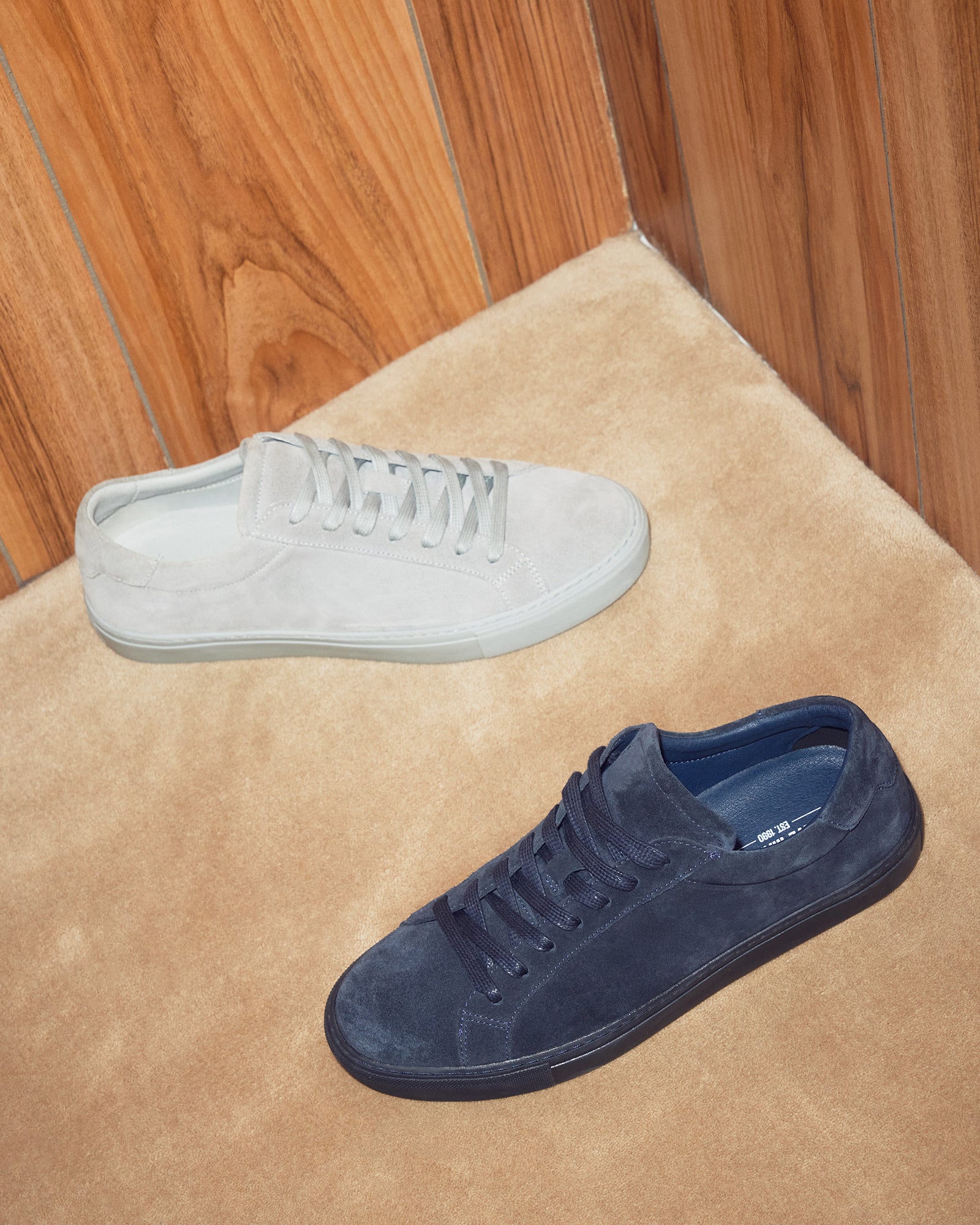 Bondd navy suede sneakers angled view, showing textured finish