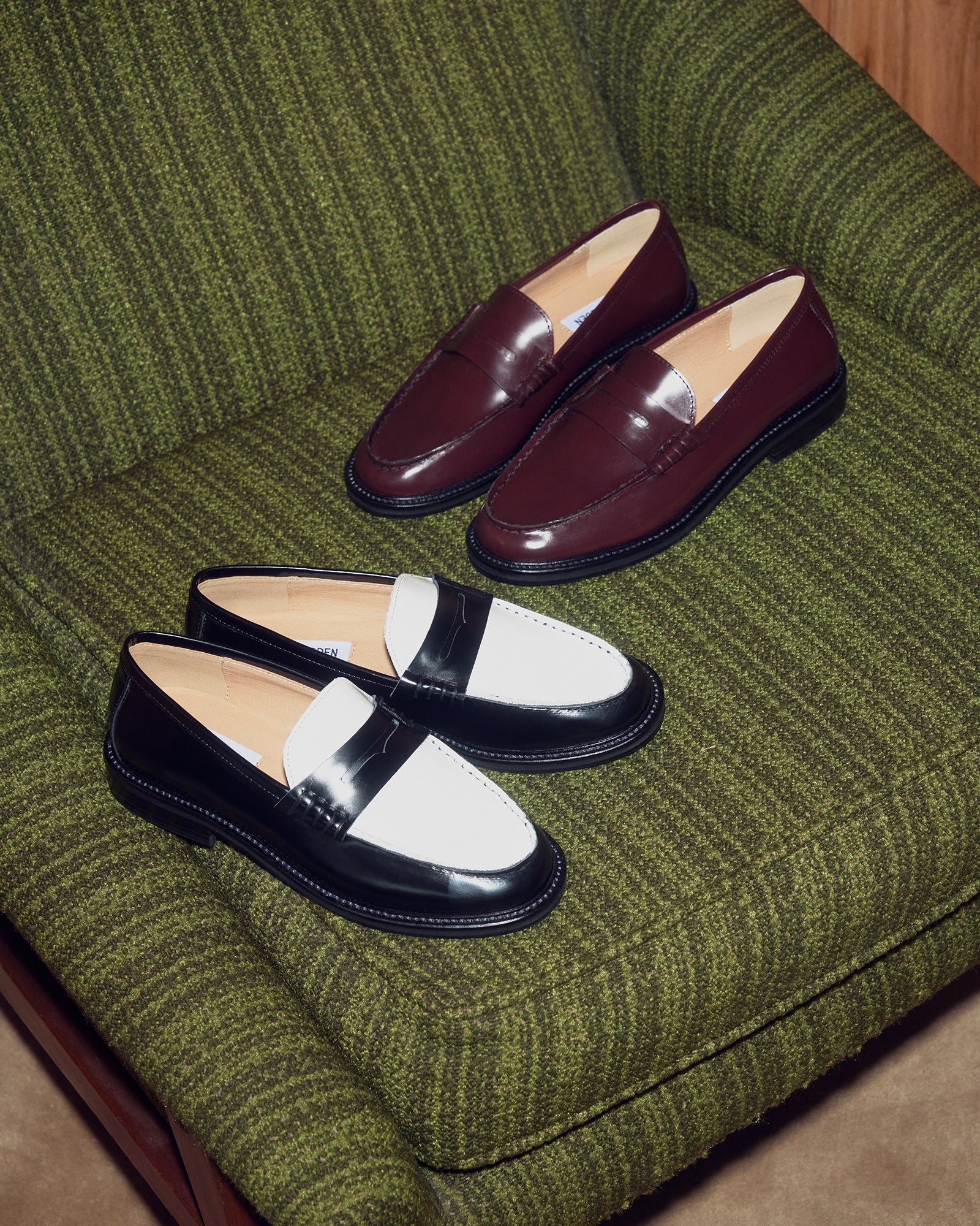 Side profile of womens brown leather loafers highlighting the 1-inch heel