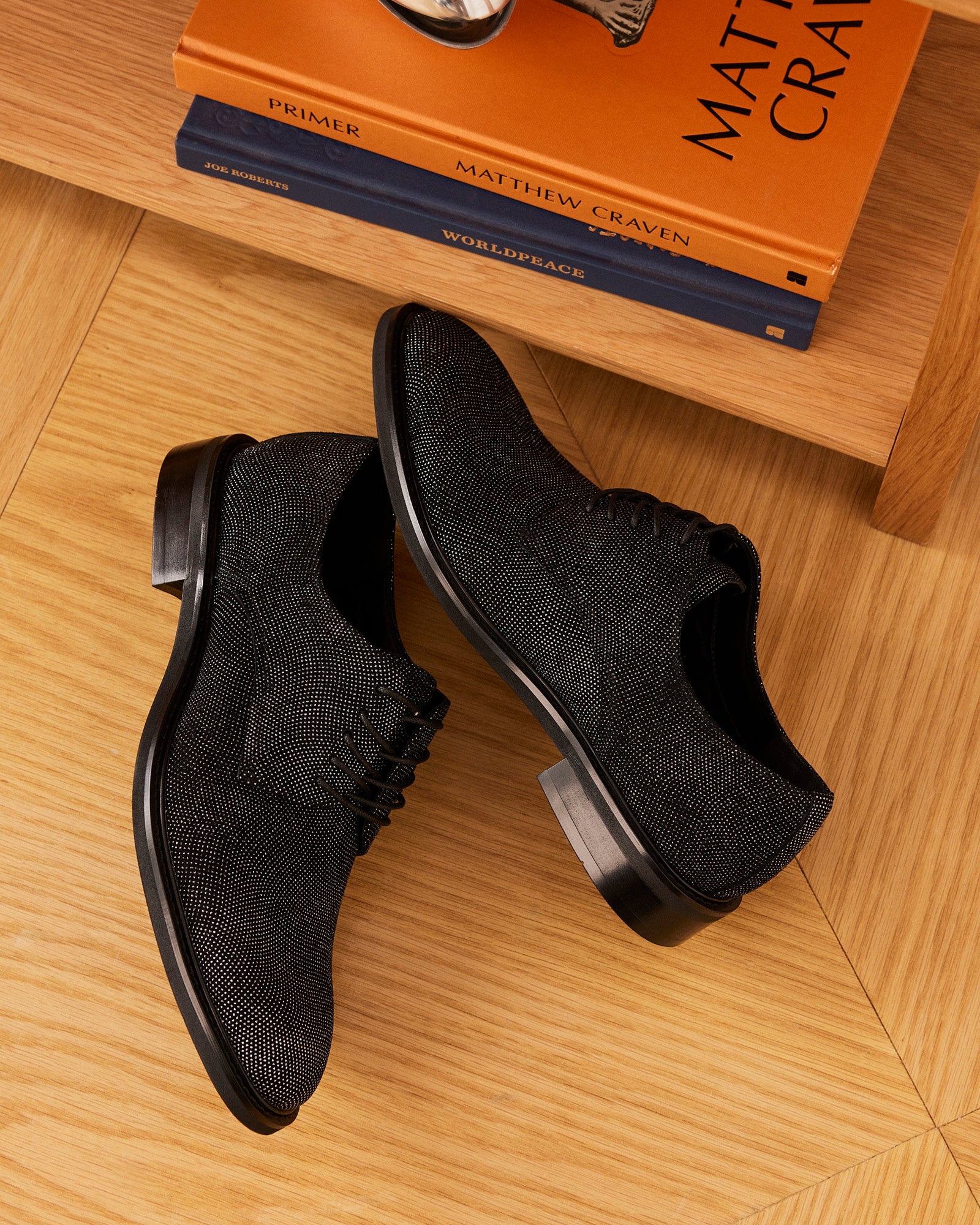 Hadar shoes paired with tuxedo pants showcasing the 1-inch heel