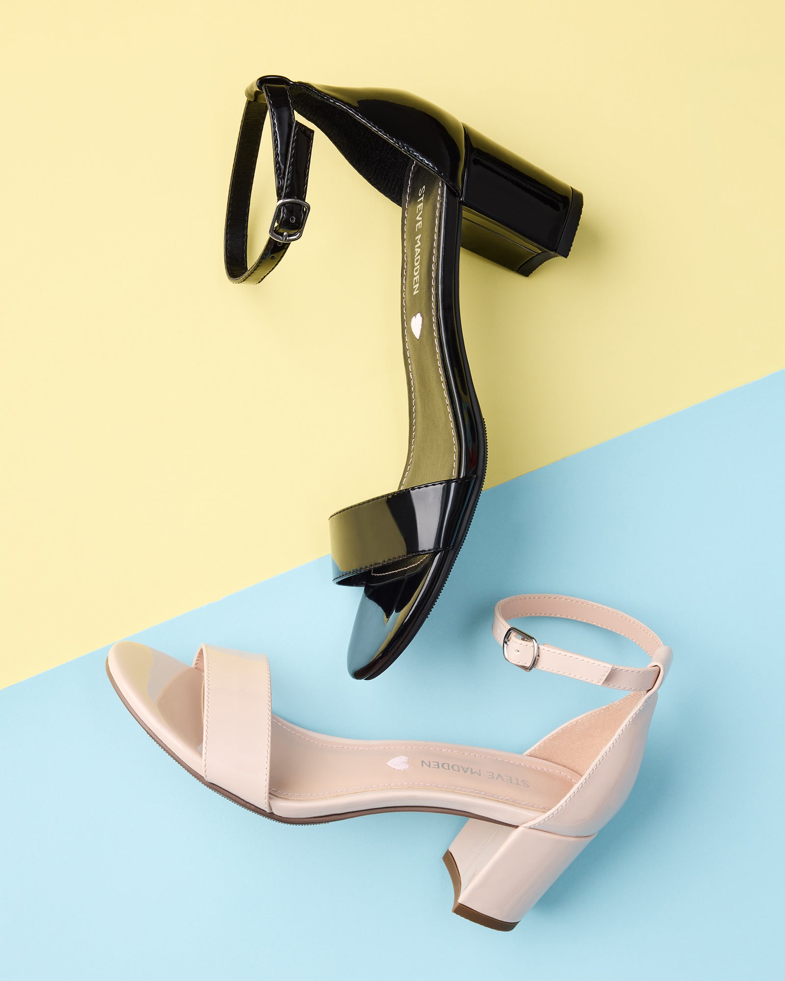 Children’s black patent block heel sandals with ankle buckle closure, perfect for formal occasions