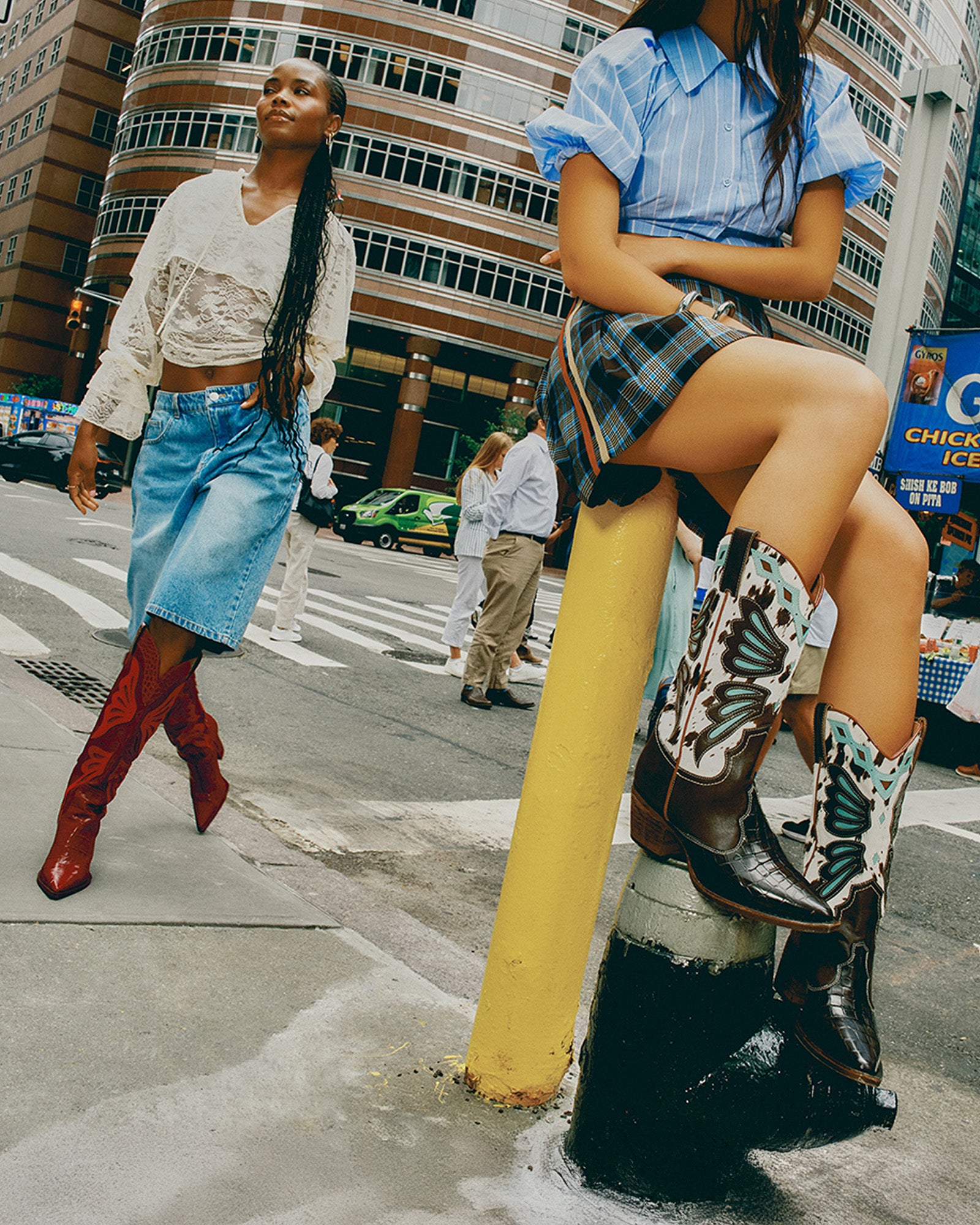 Back view of womens wide shaft cowboy boots styled with denim for everyday wear