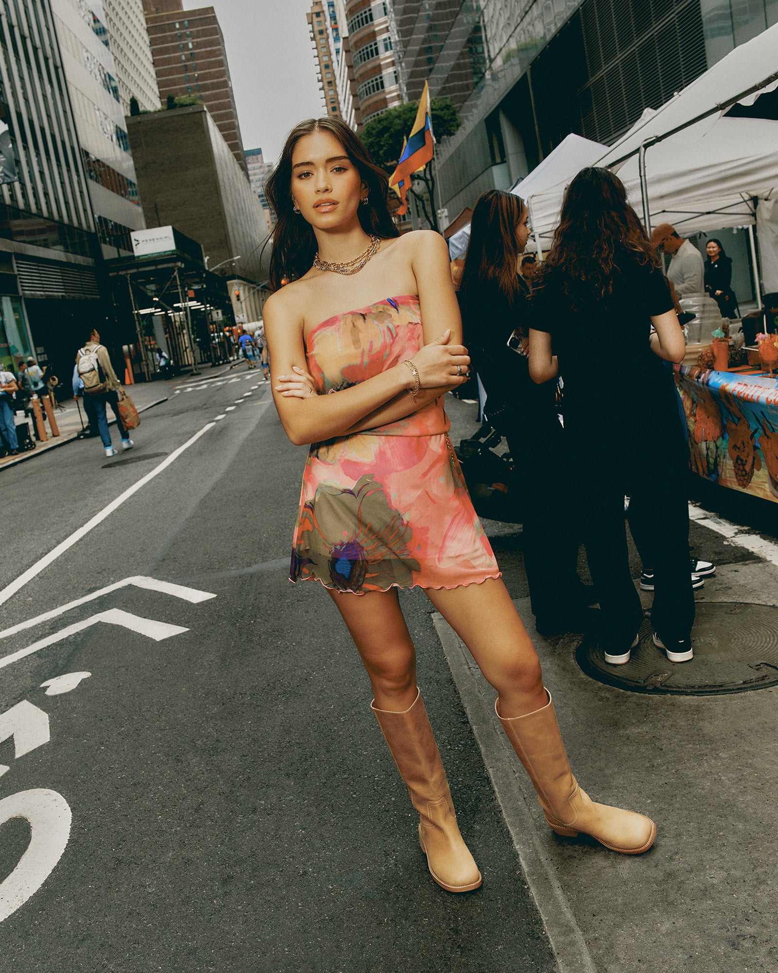 Close-up of floral print and mesh overlay on Bryar dress