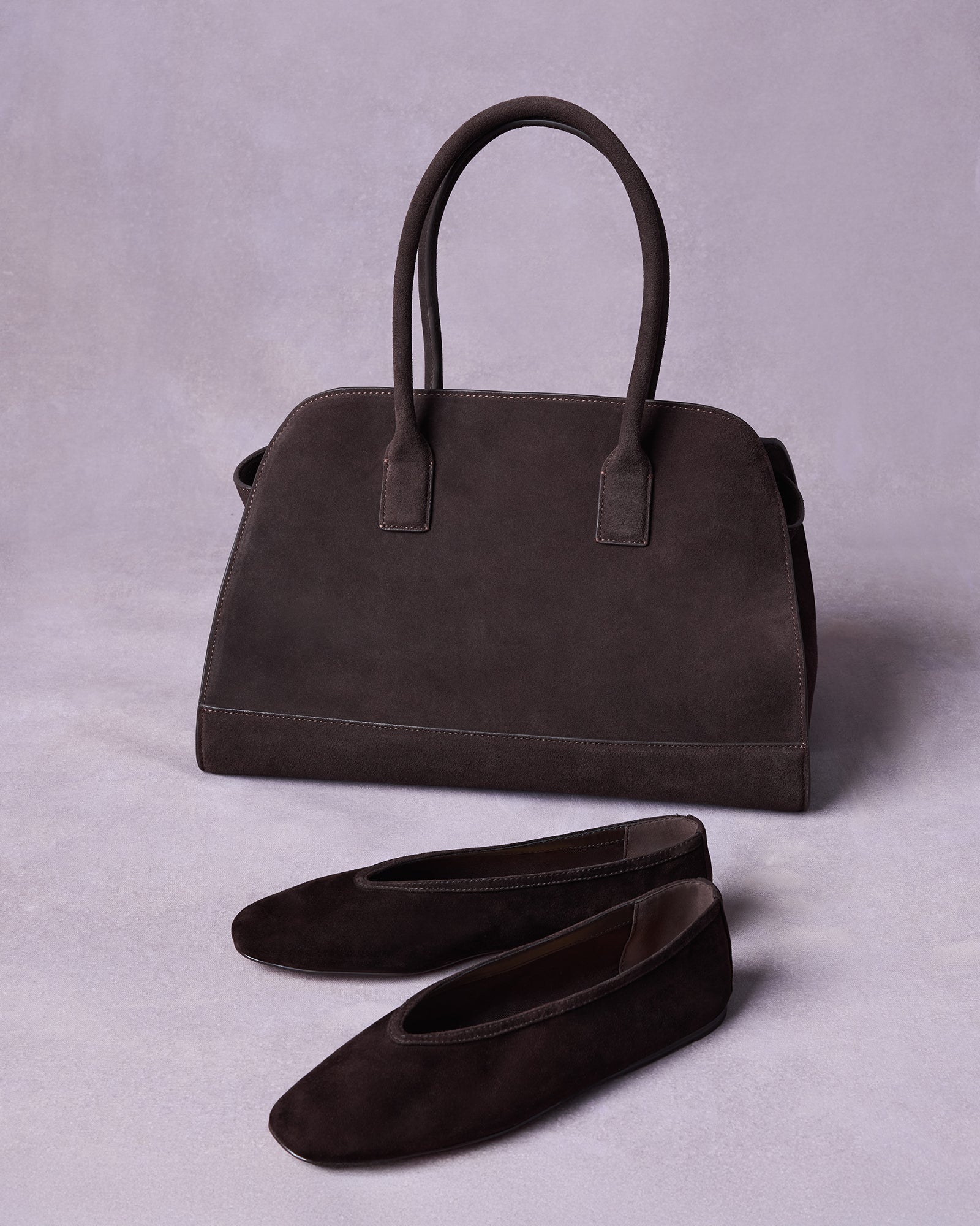 Leni square-toe ballet flats in luxurious brown suede.