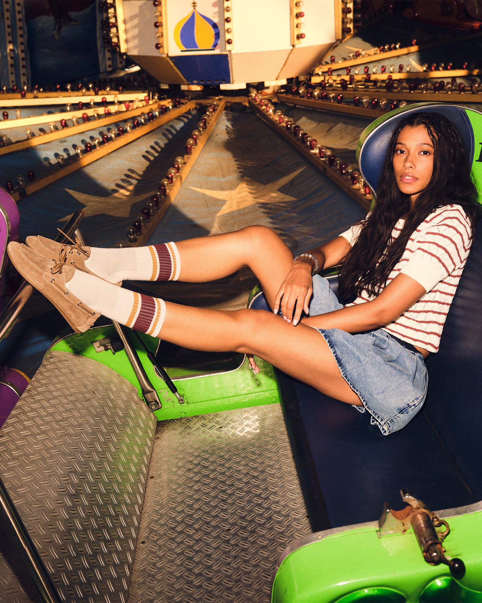 Side view of bone multi varsity crew socks showcasing the stylish stripe design.
