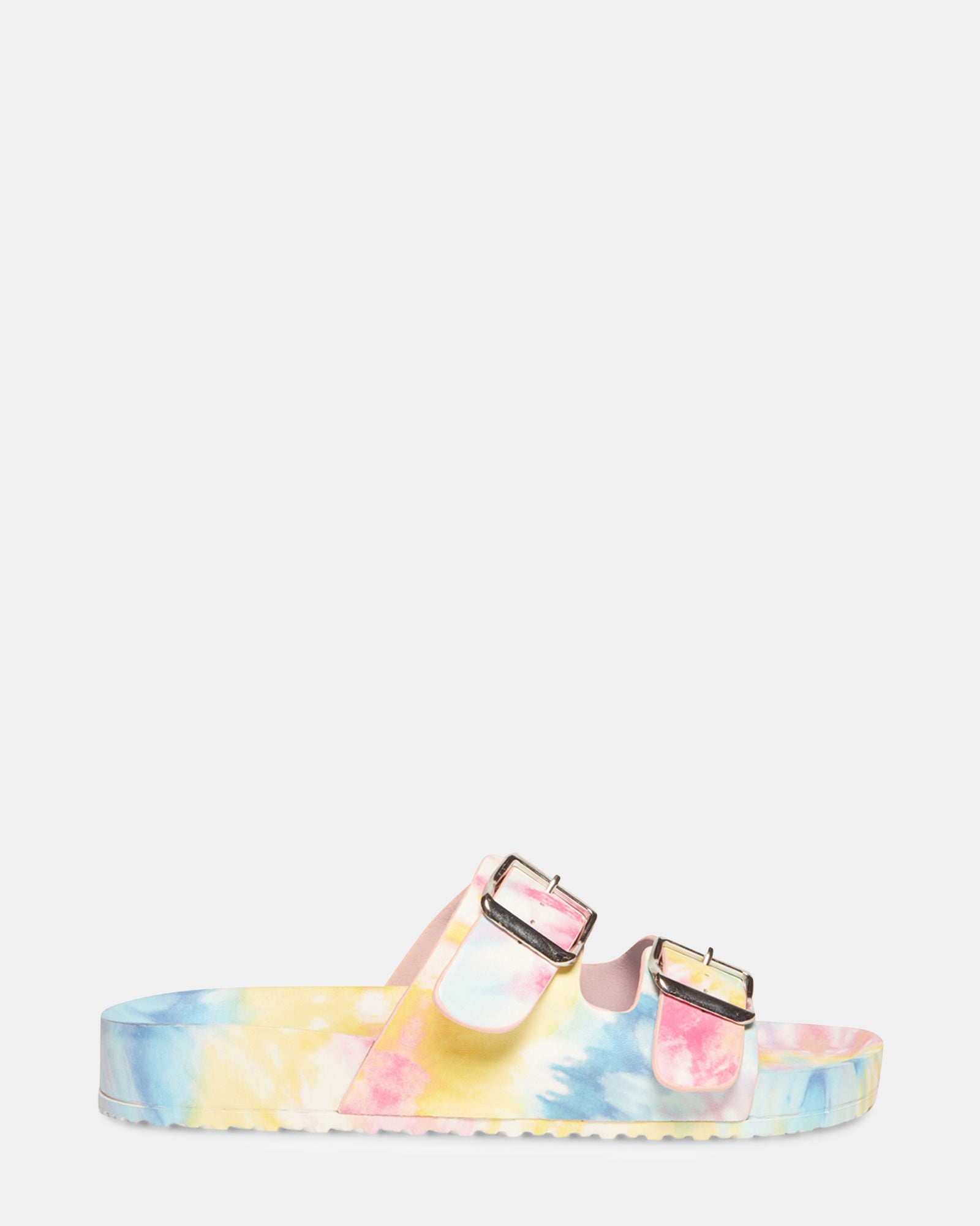 Teddy-T Pastel Multi sandals displayed on a wooden bench