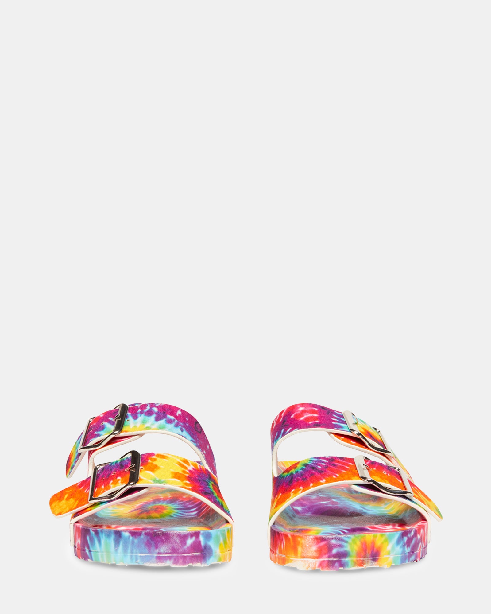 Top-down shot of dual-strapped womens sandals with printed upper