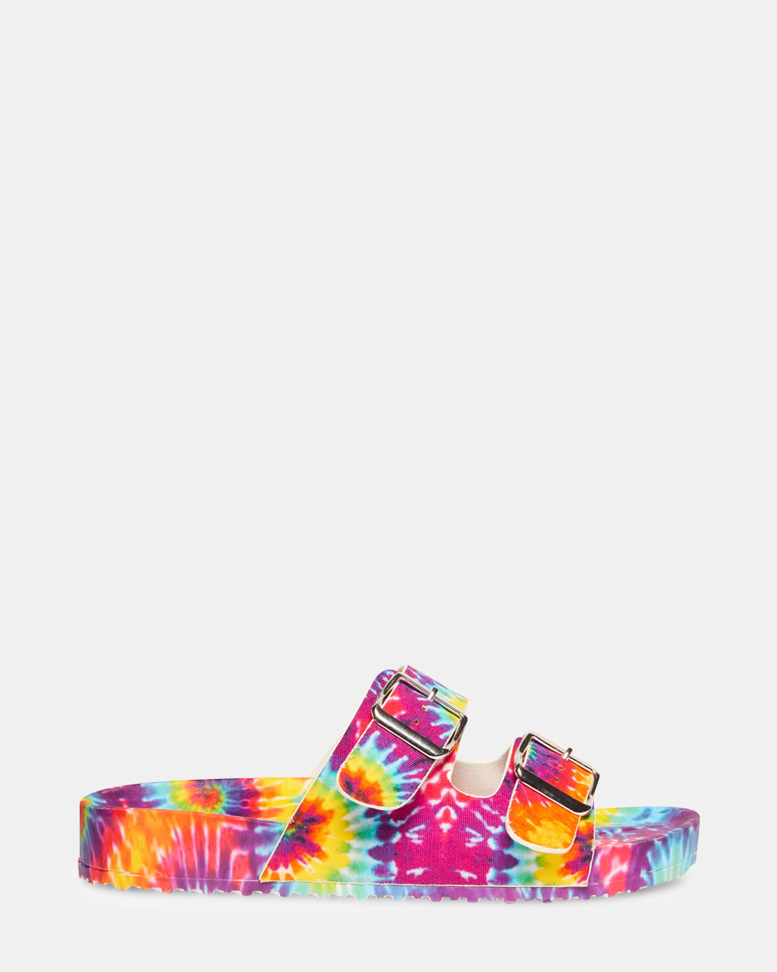Front view of fashion sandals with vibrant tie-dye straps