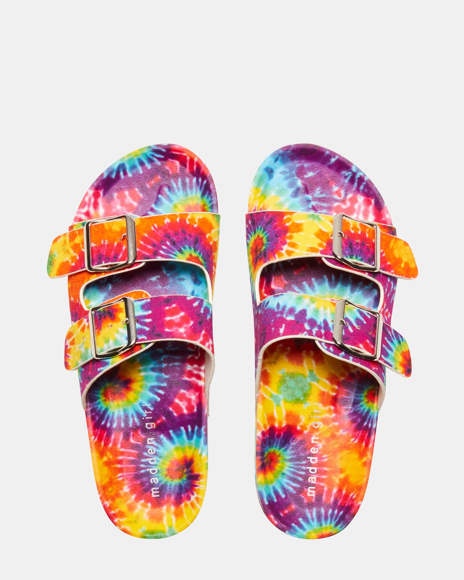 Front view of fashion sandals with vibrant tie-dye straps