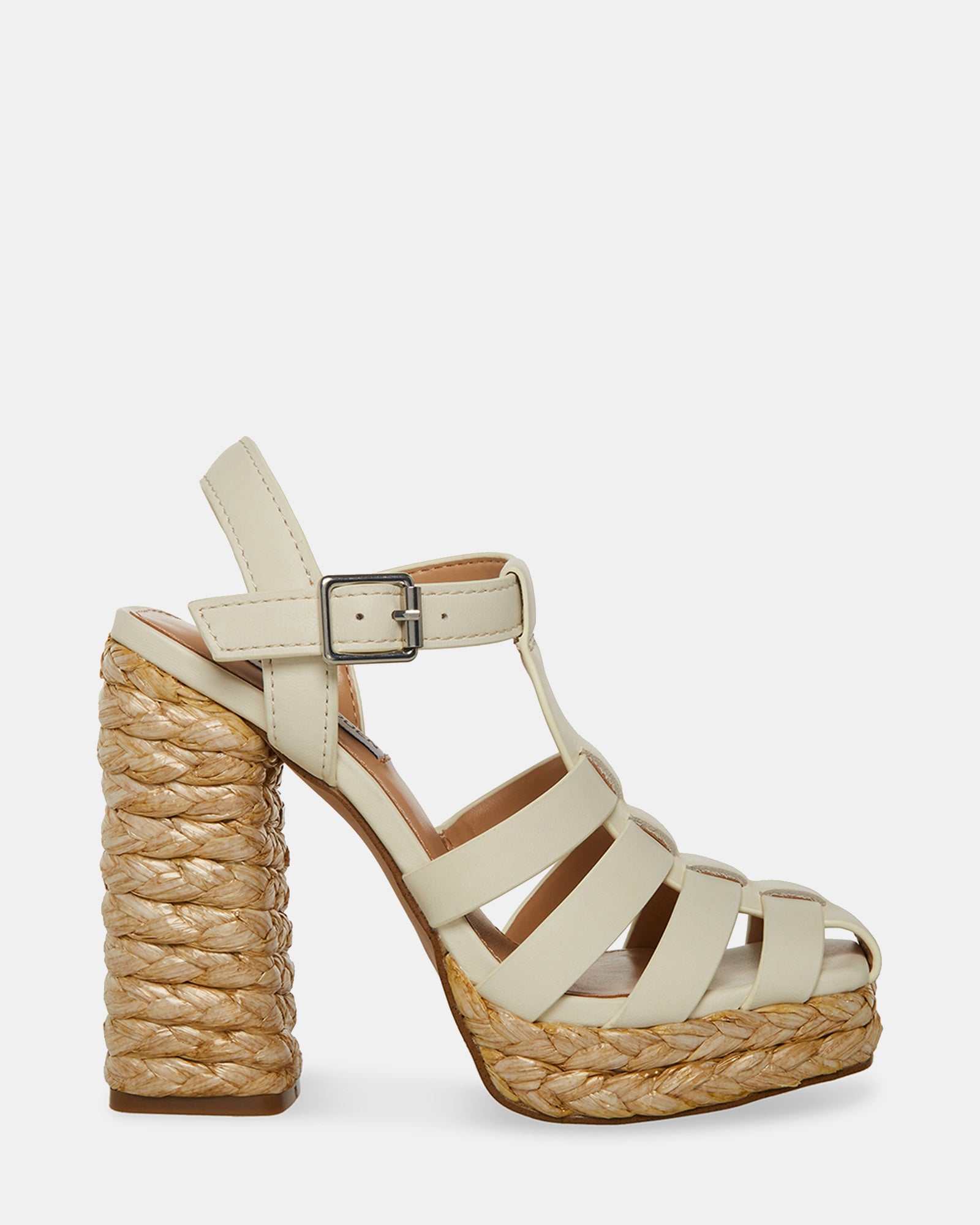 Side view of white platform sandals showing raffia-wrapped heel and leather strap
