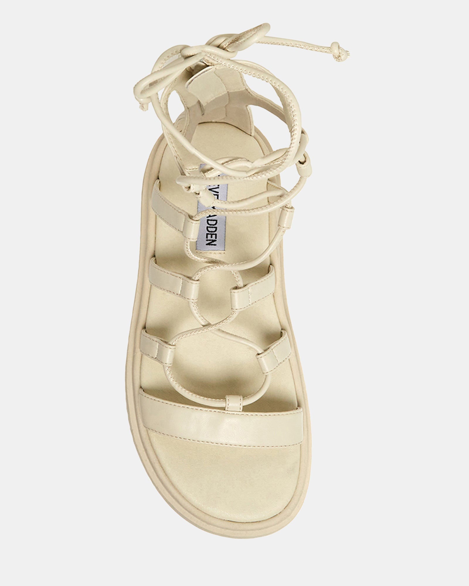 Front view of chic vegan flatform gladiator sandals with lacing.