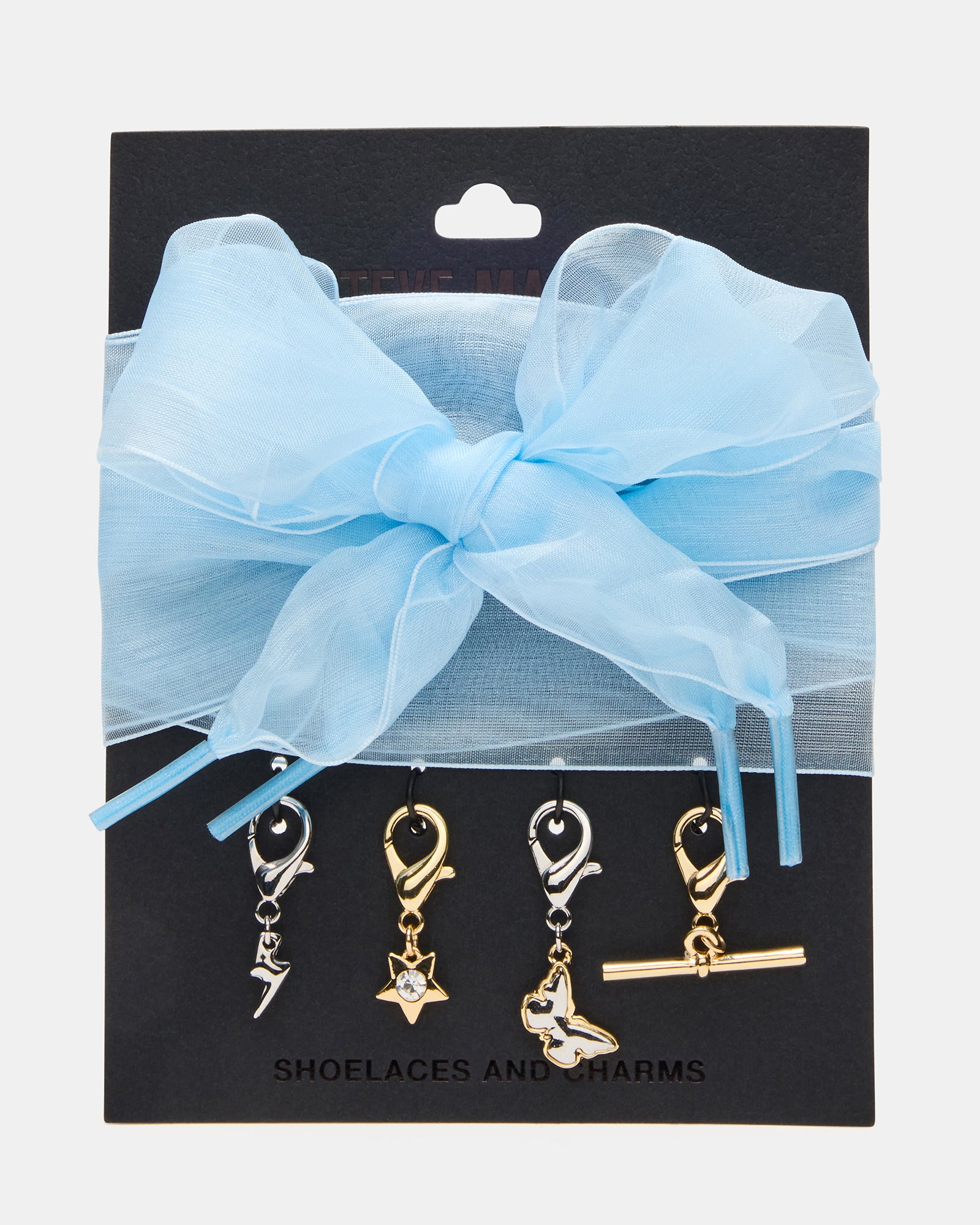 Blue shoelace with butterfly charm laid flat on wooden surface