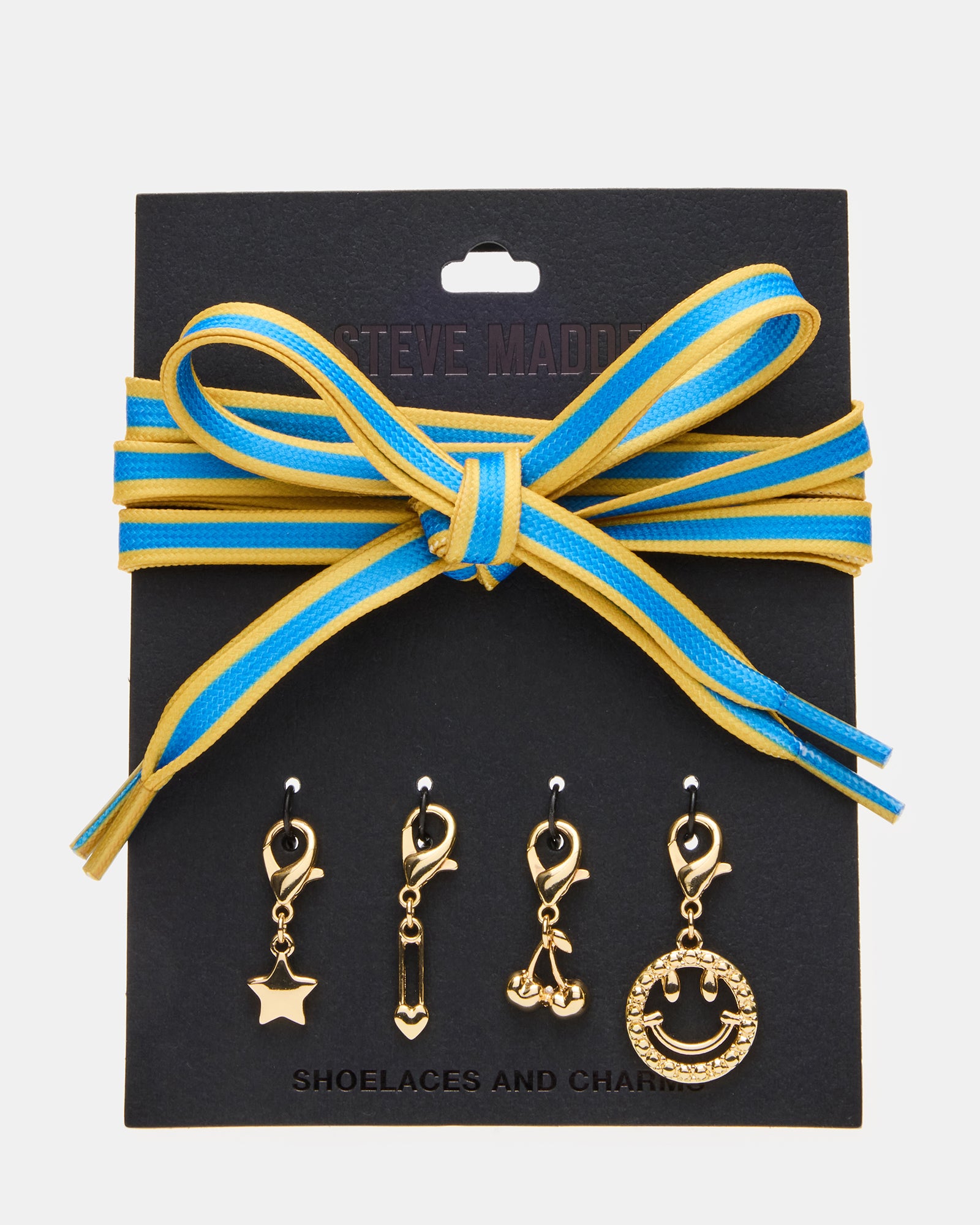 Blue and yellow shoelaces with cherry charm and striped bow