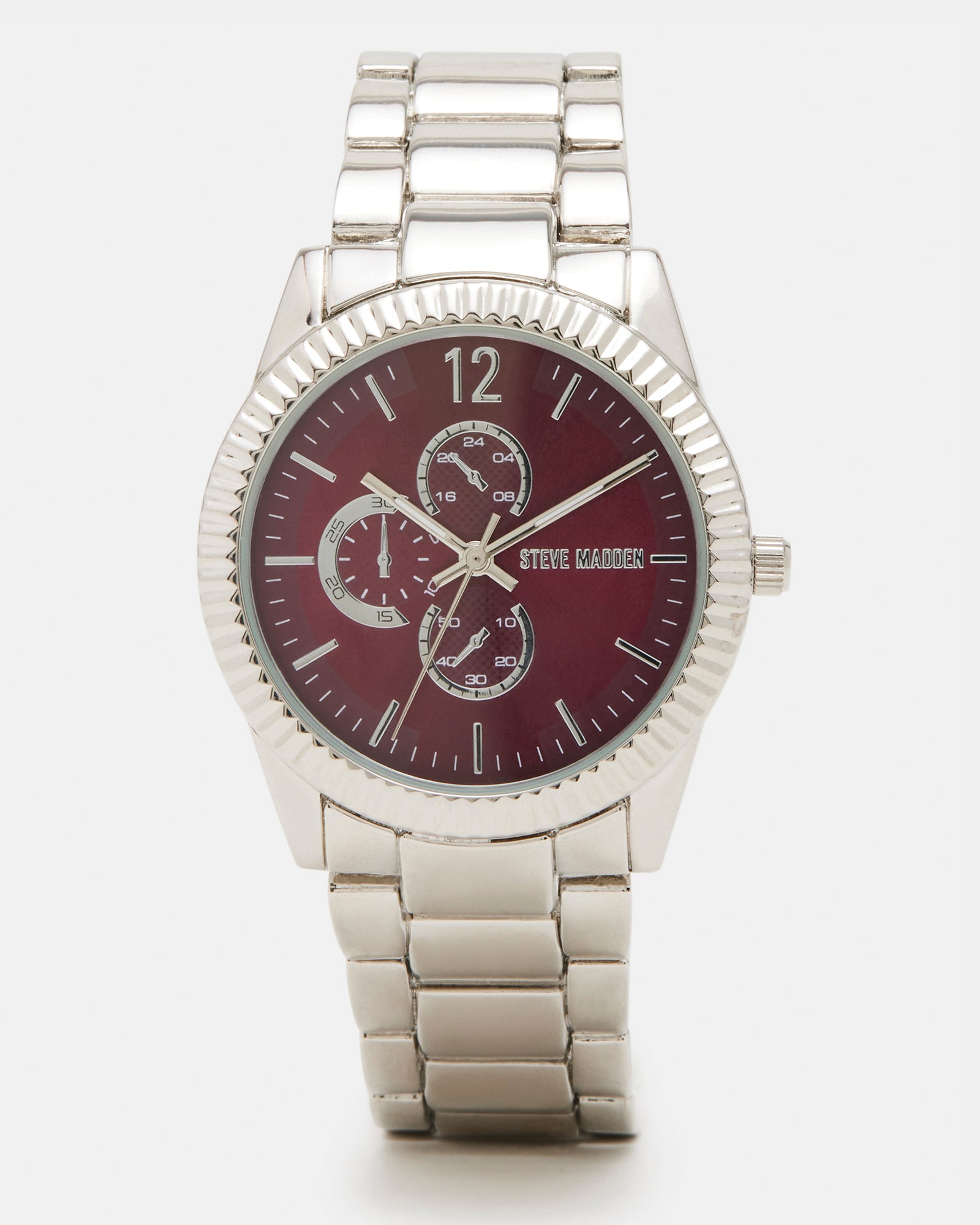 Front view of women's silver watch styled for evening wear