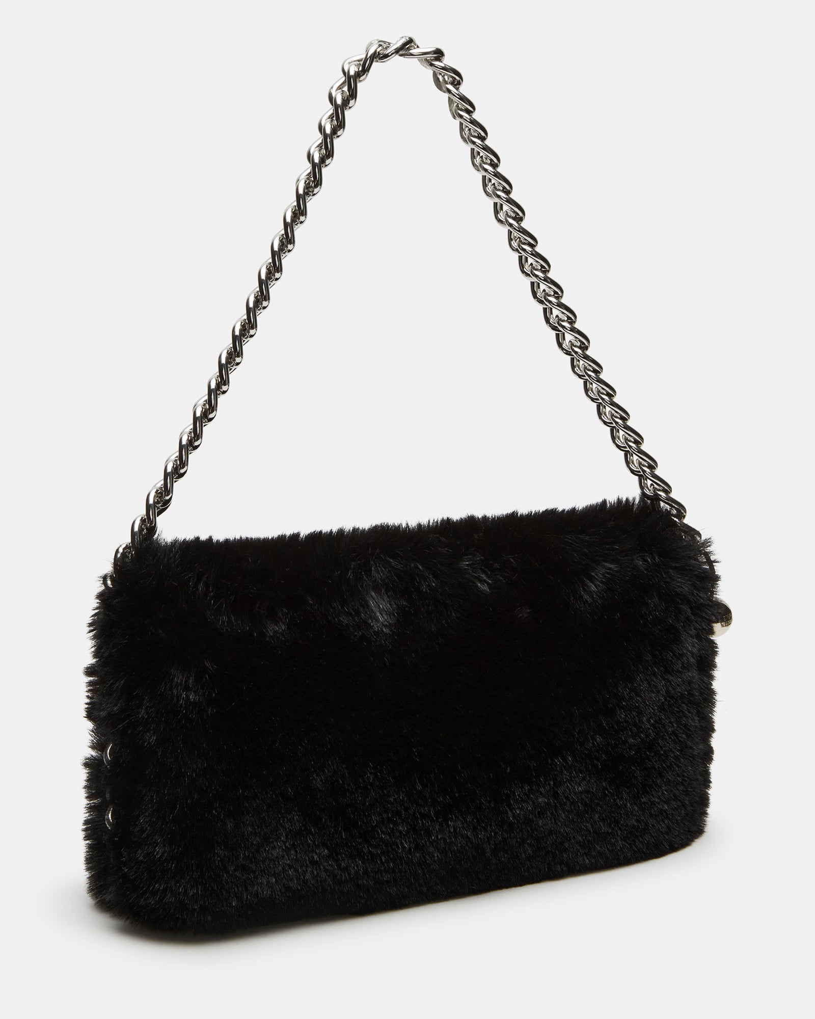 Fuzzy black chain strap bag displayed on a stylish background, showcasing its magnetic closure.