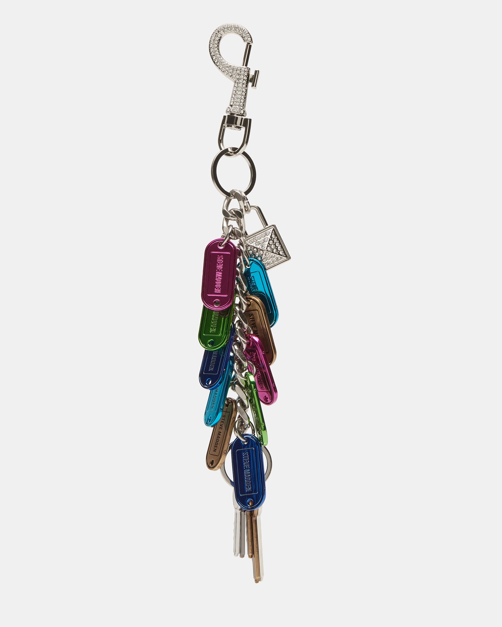 Elegant rhinestone padlock bag charm showcasing colorful key tags