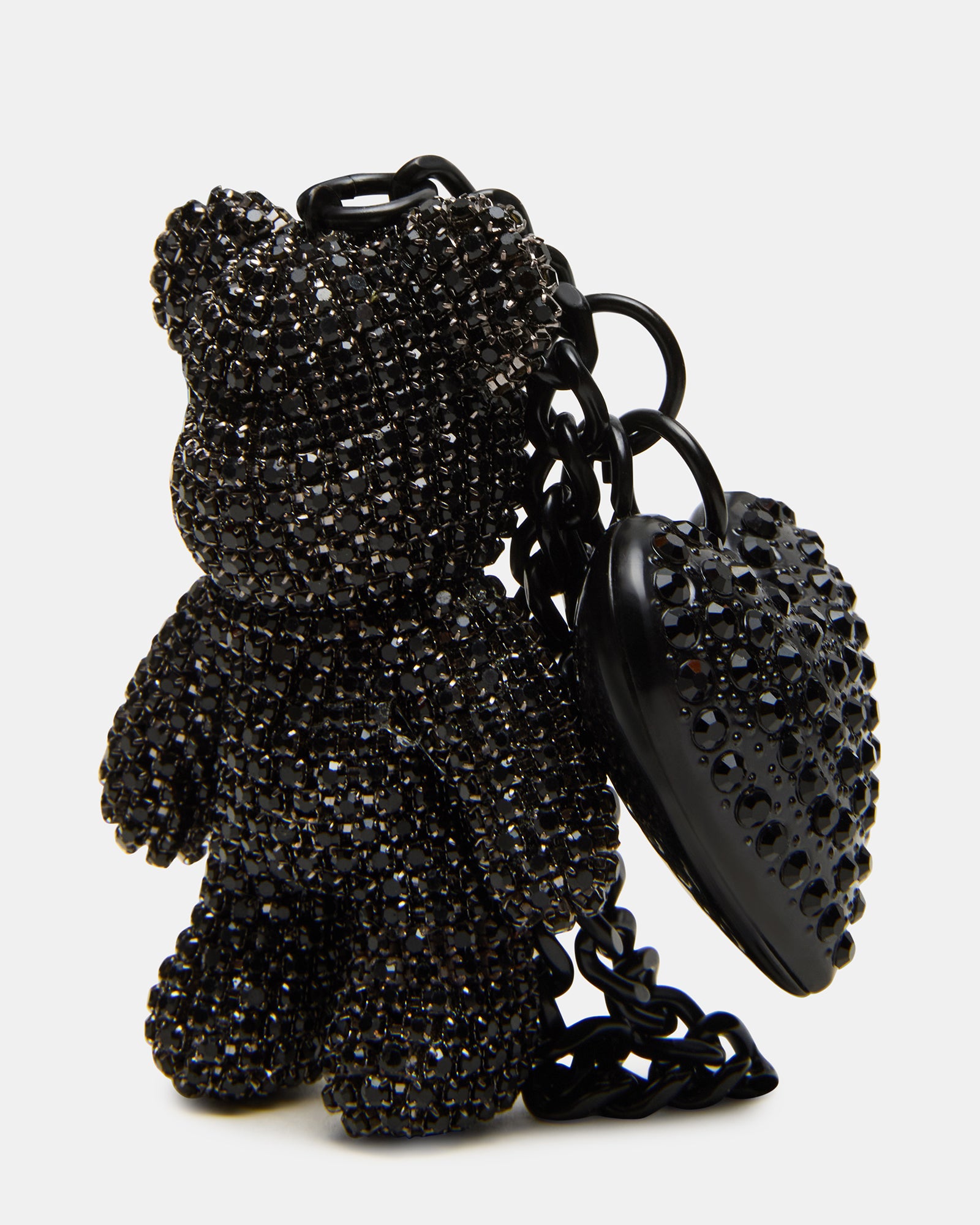 Side view of teddy bear charm showing heart rhinestone details