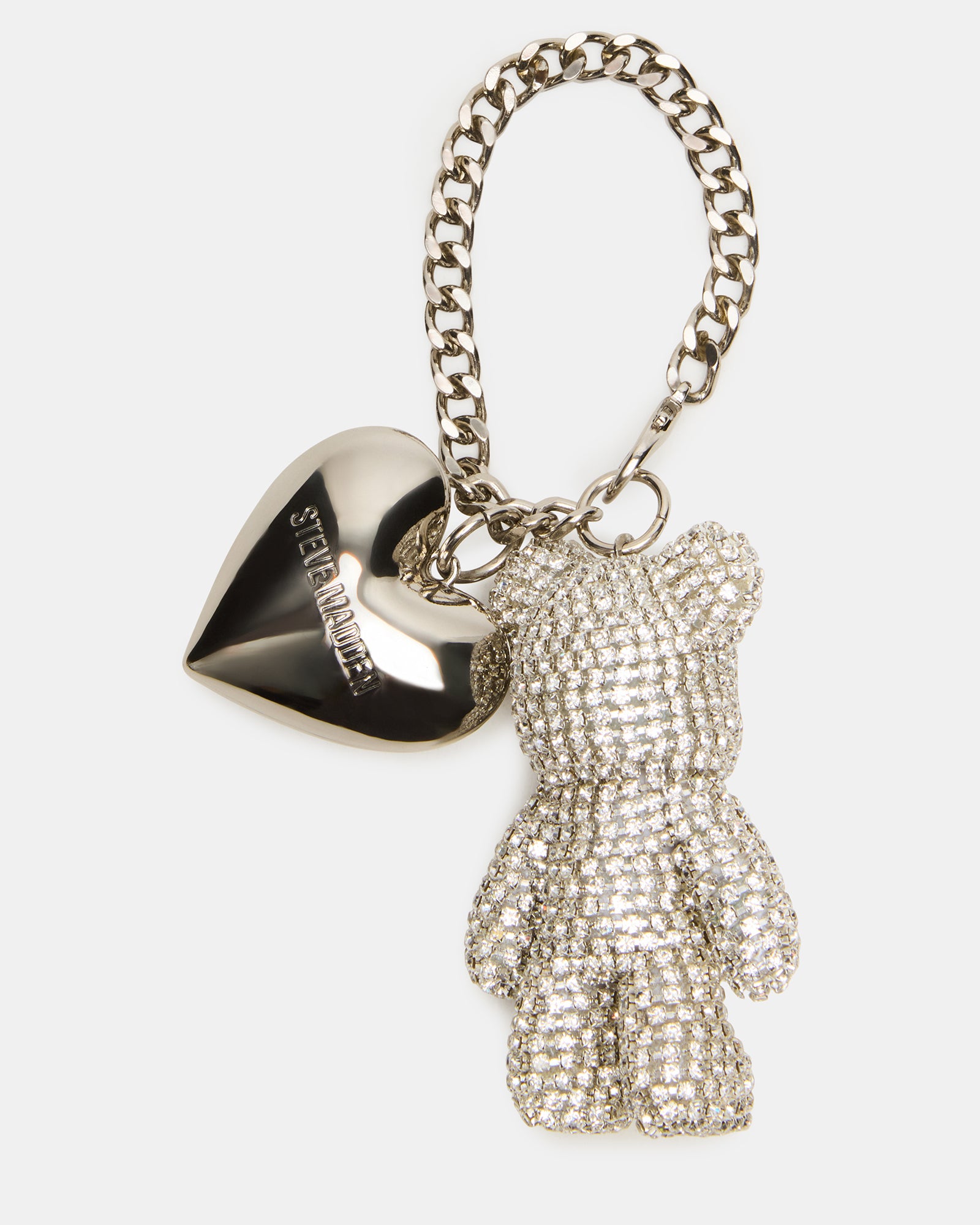 Stylish bag charm displayed on a keyring for versatility