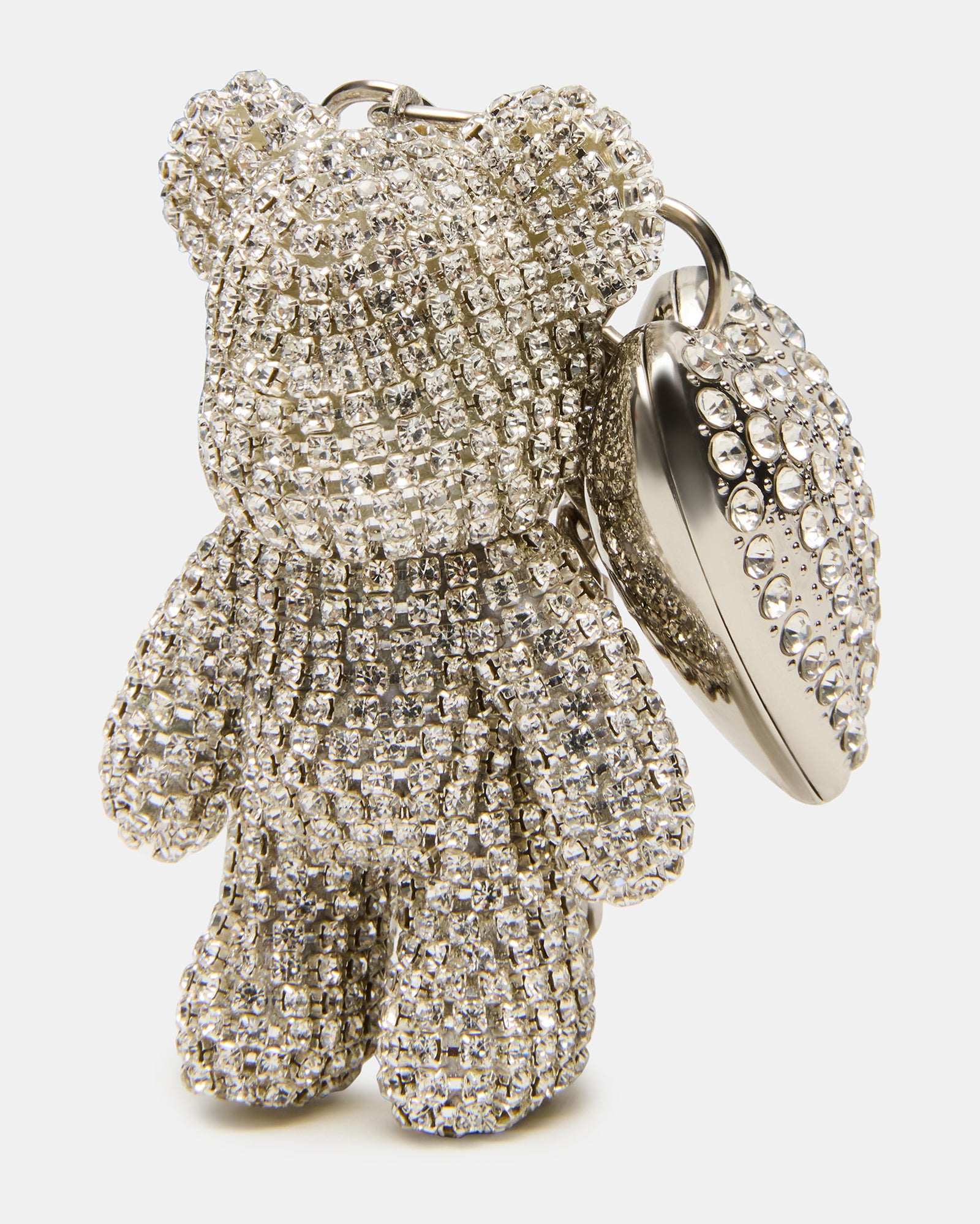 Detailed view of rhinestone teddy bear and heart charms