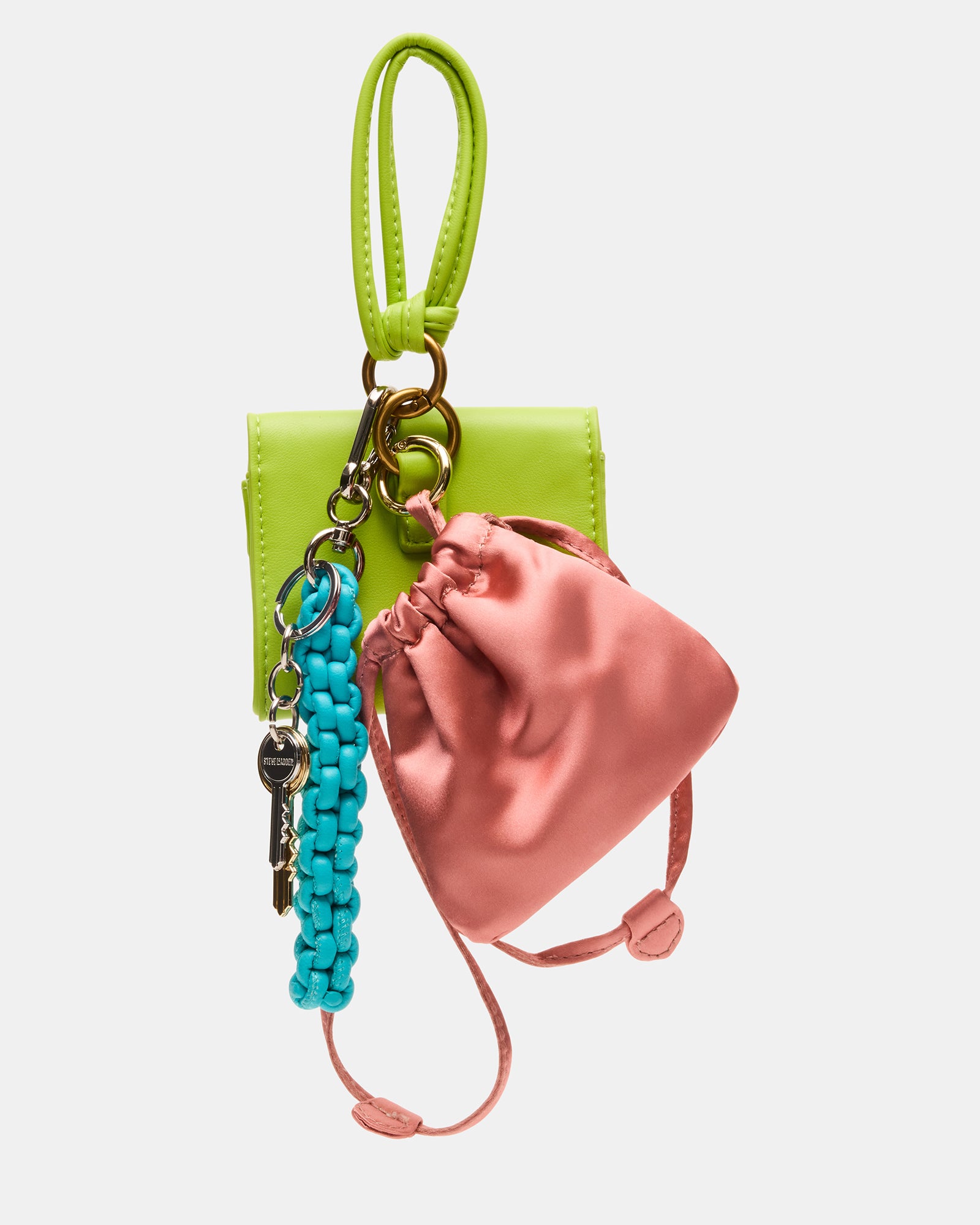 Green satin pouch bag charm with key ring and card wallet