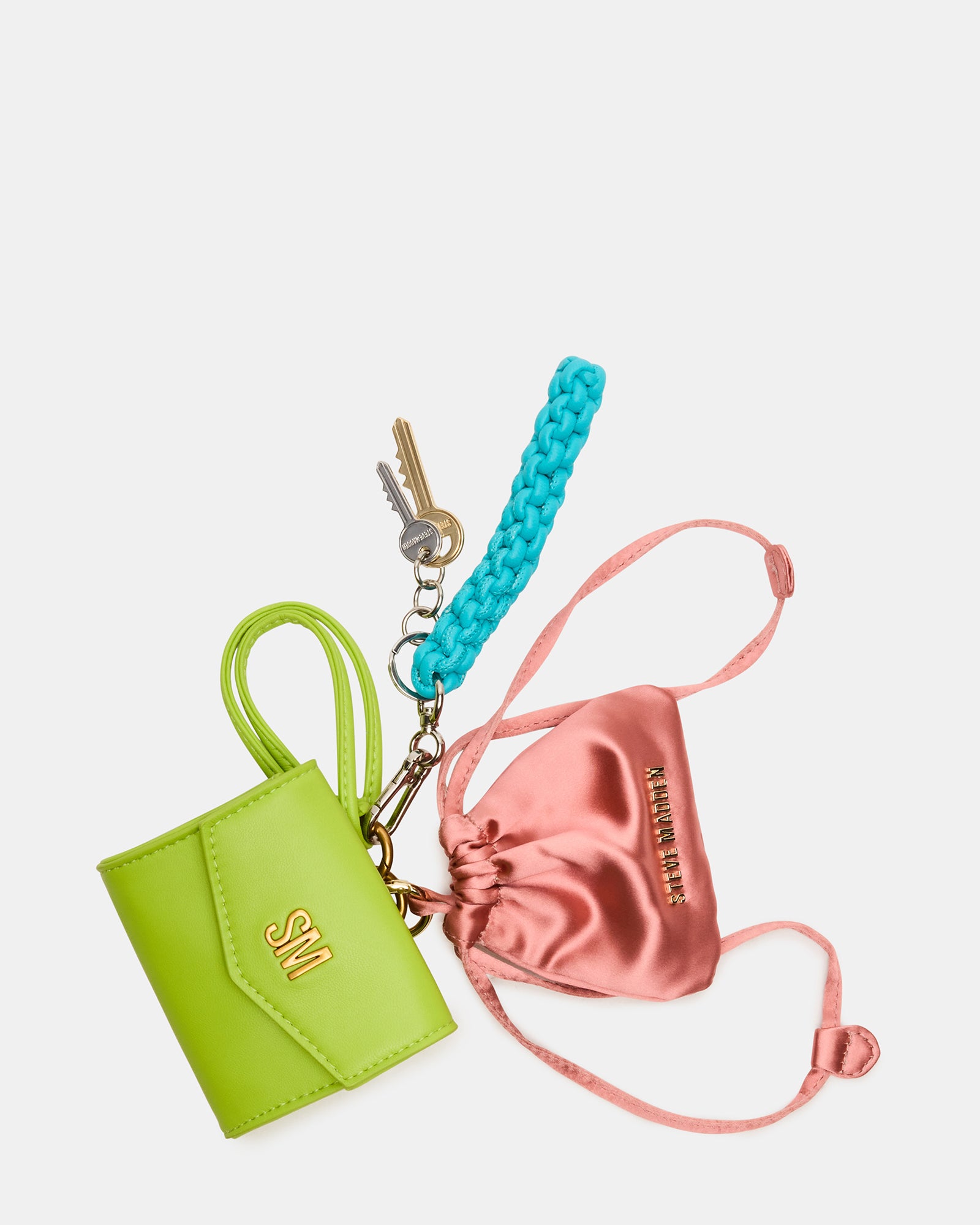Green satin pouch bag charm with key ring and card wallet