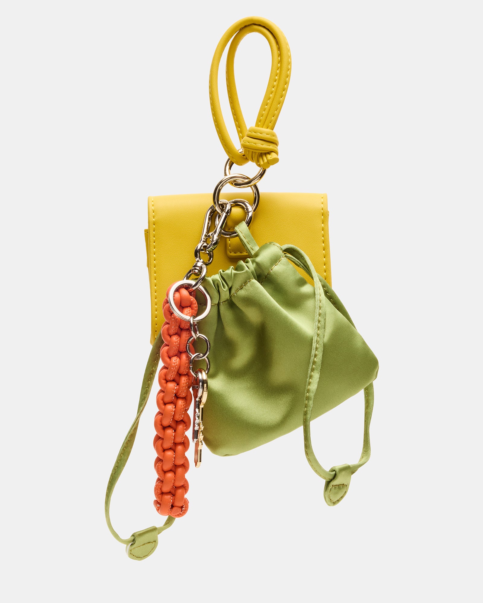 Bright yellow satin travel bag charm with multi-color accents and key organizer clip