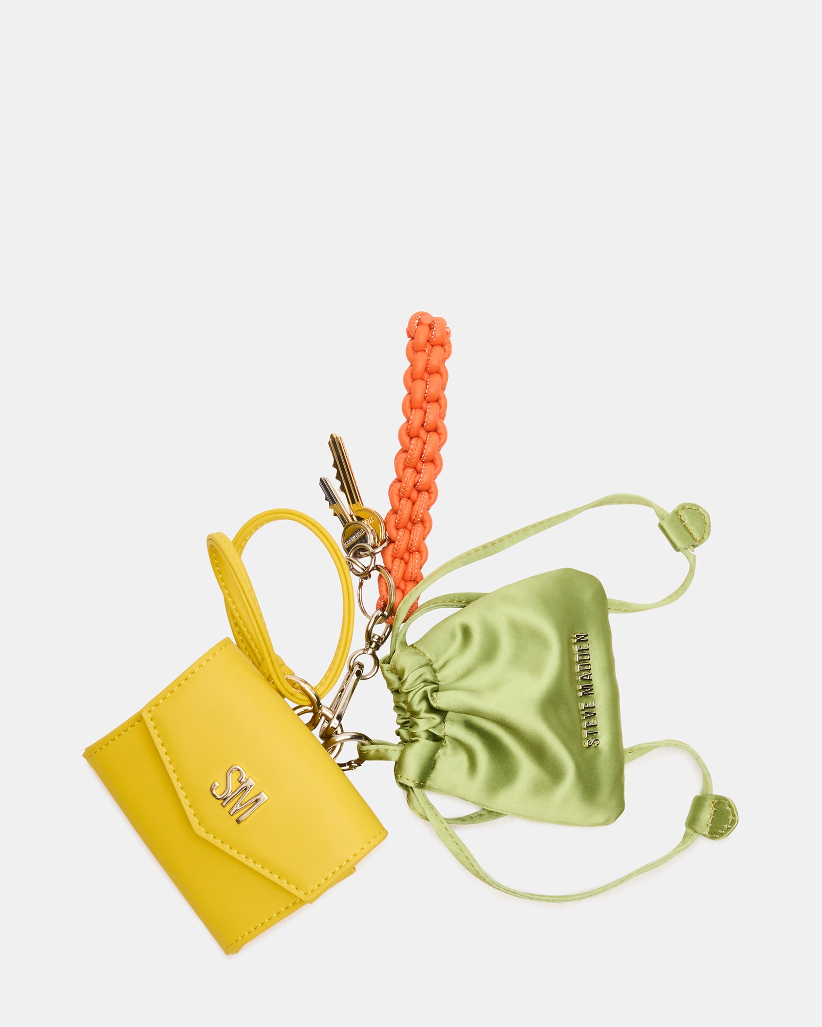Bright yellow satin travel bag charm with multi-color accents and key organizer clip