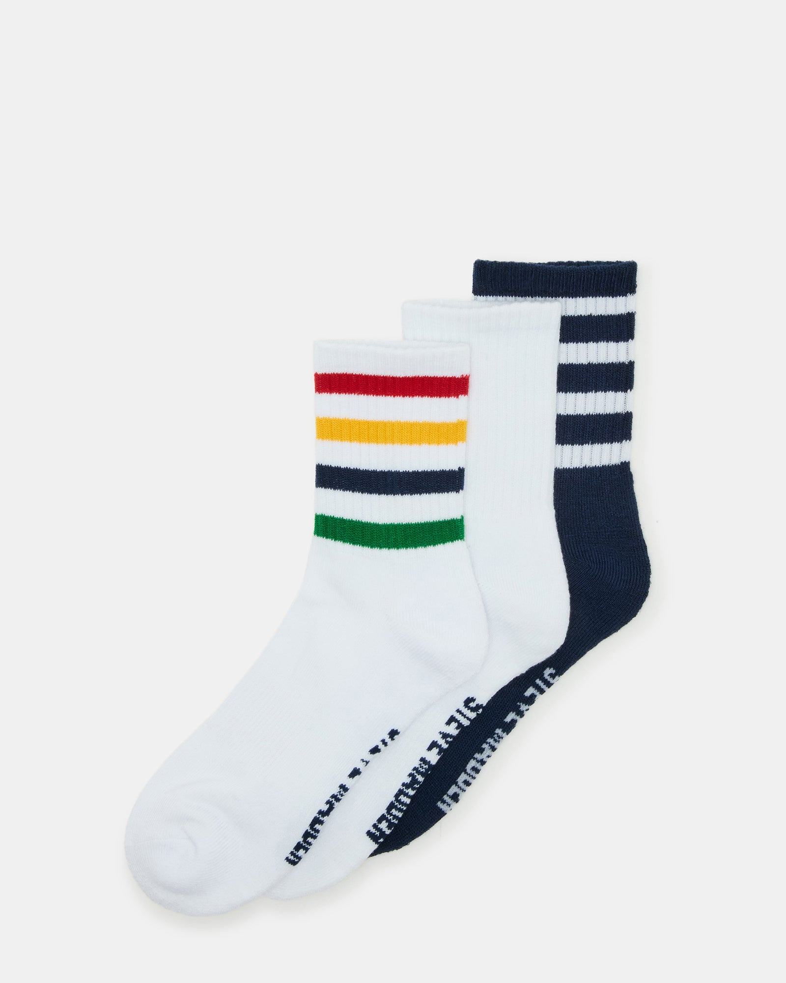 Close-up of white ankle socks with navy stripes laid flat on a rustic wood table