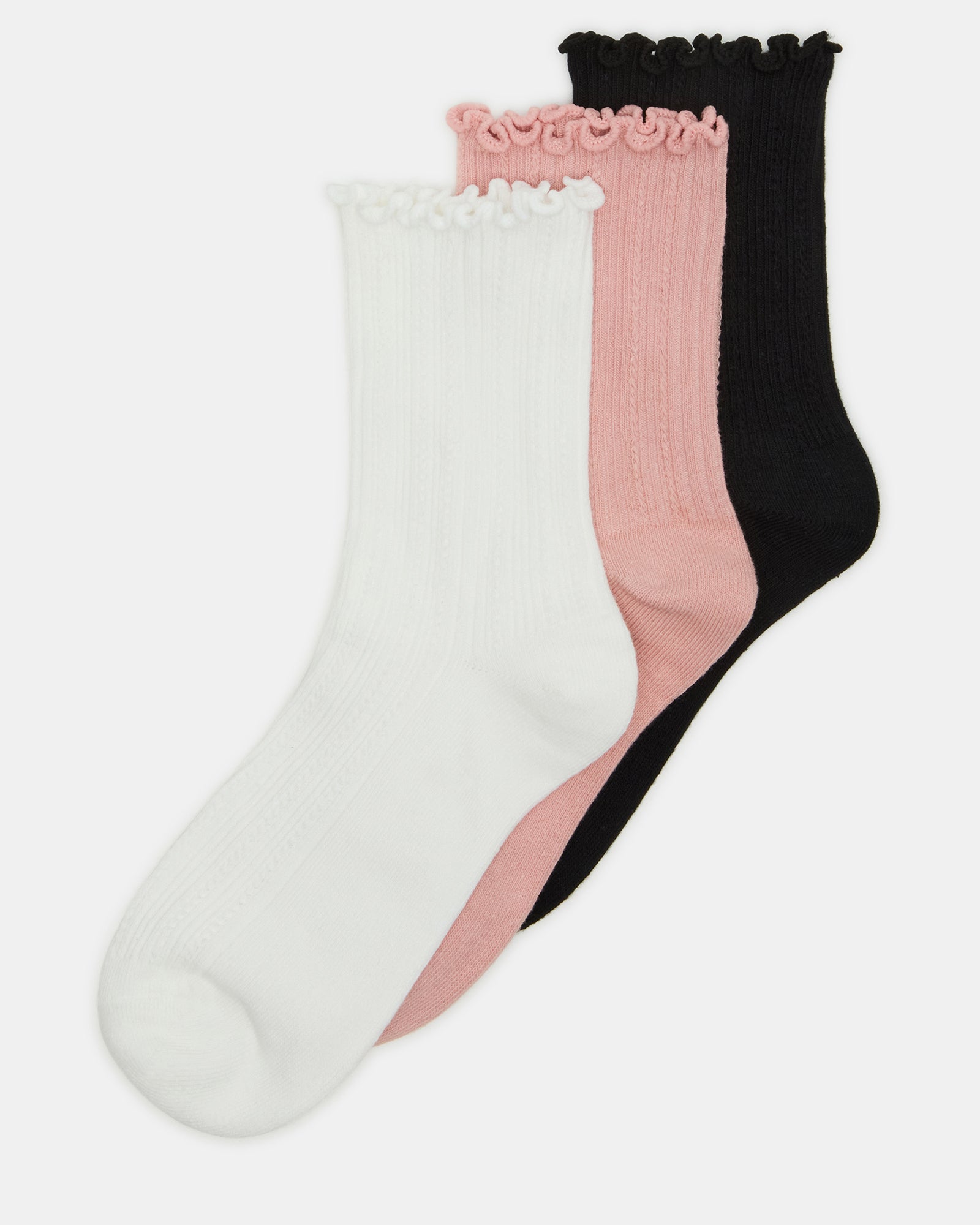 Close-up of white ribbed socks with lettuce edge trim