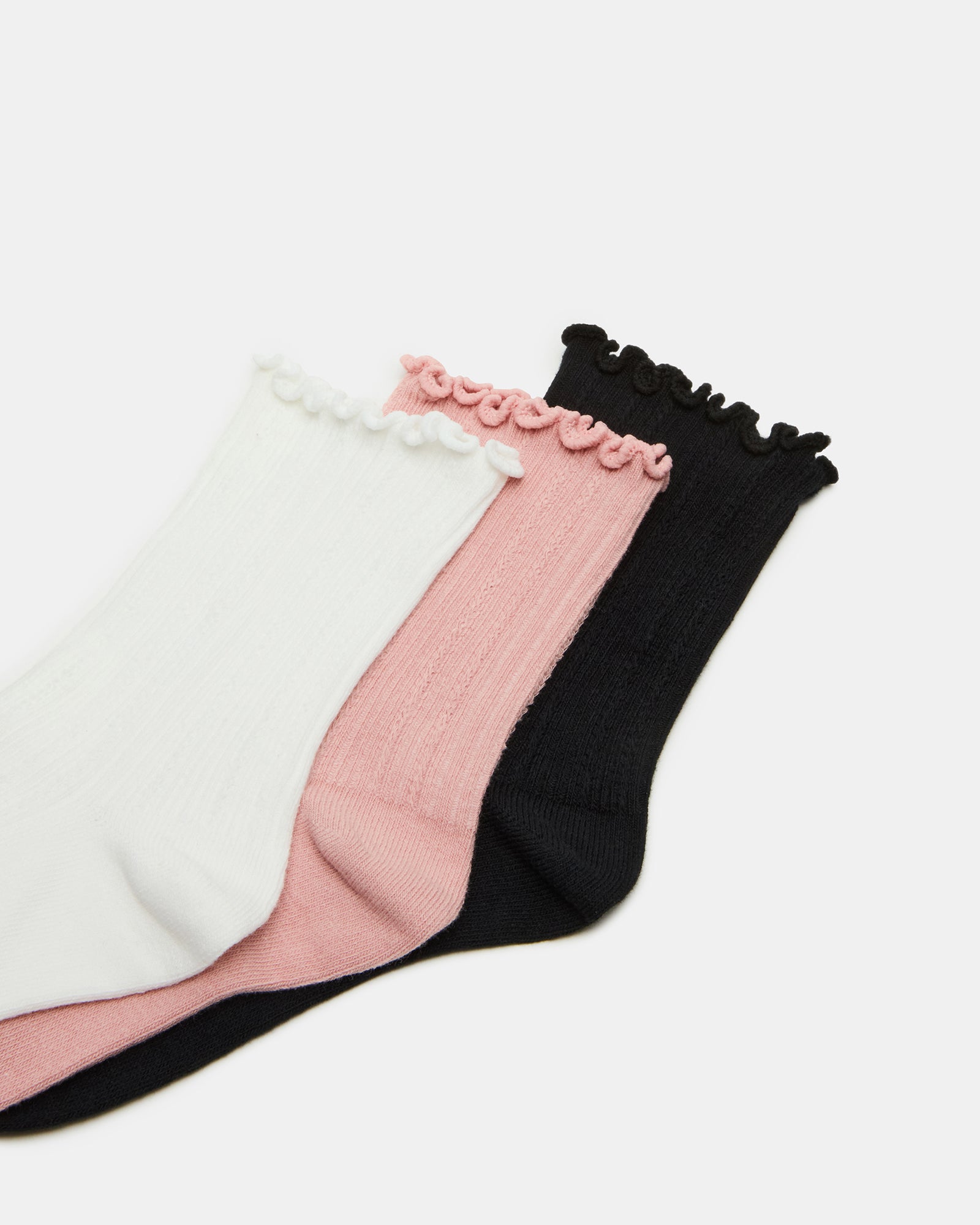 Stacked set of womens anklet socks in white, pink, and black