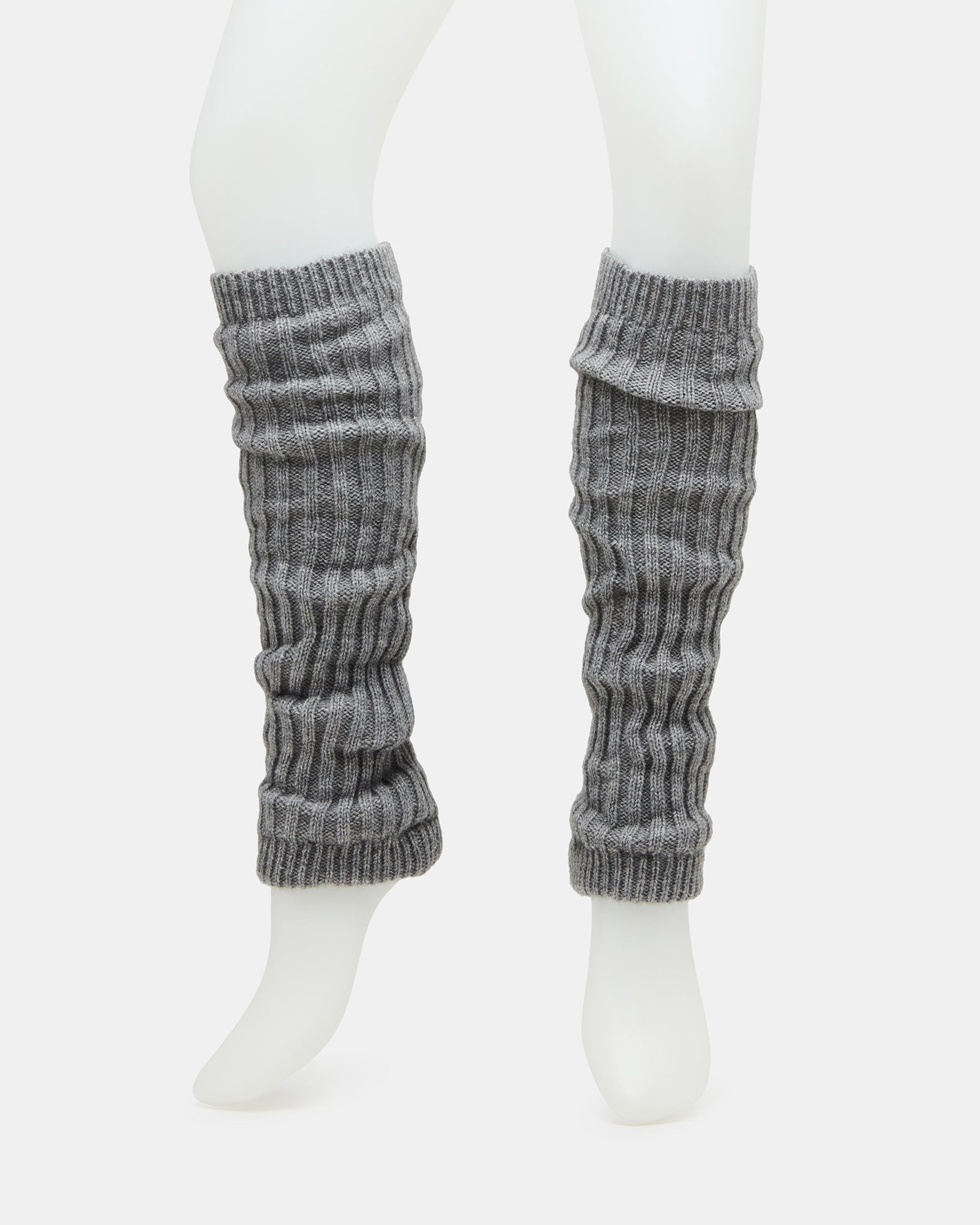 Close-up of grey ballet leg warmers showcasing ribbed texture.