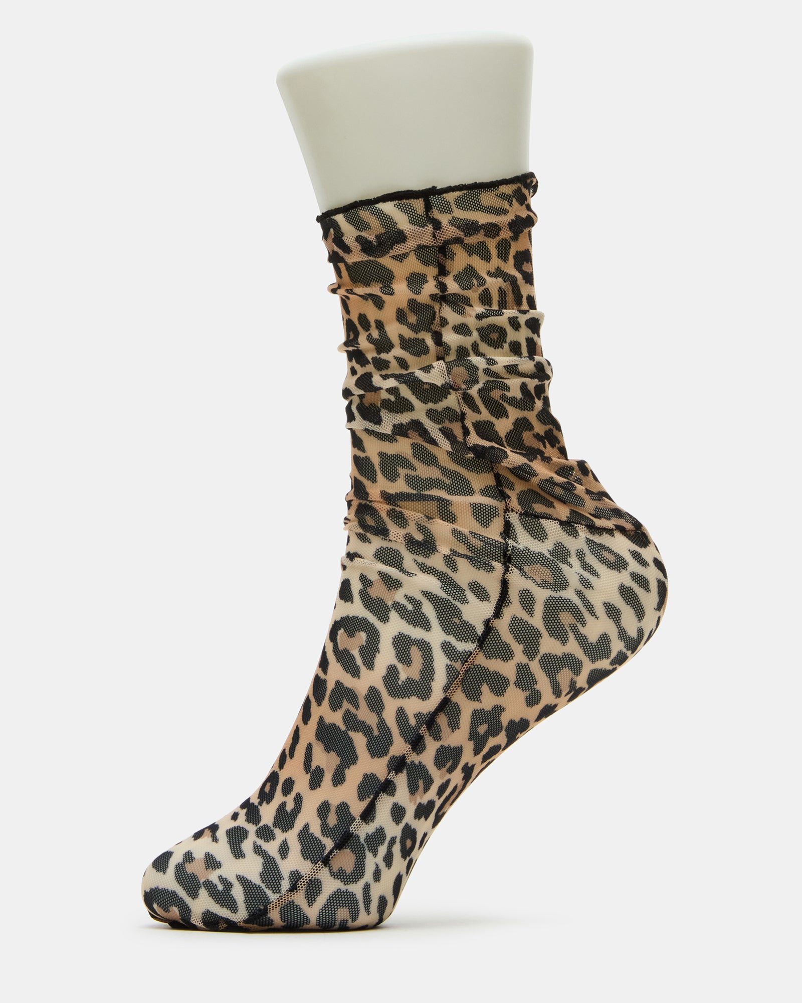 Pair of leopard print mesh socks displayed on a wooden surface, showcasing breathability and style
