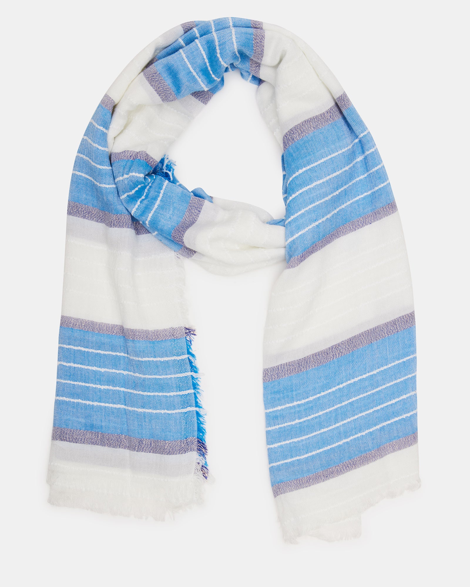 Model wearing a blue striped oblong scarf styled as a wrap for a chic look