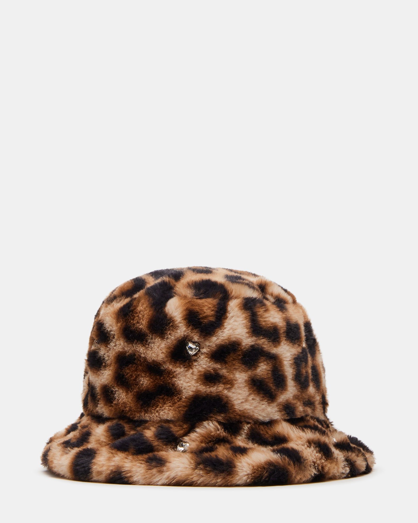 Leopard print faux fur bucket hat with rhinestones on a model's head
