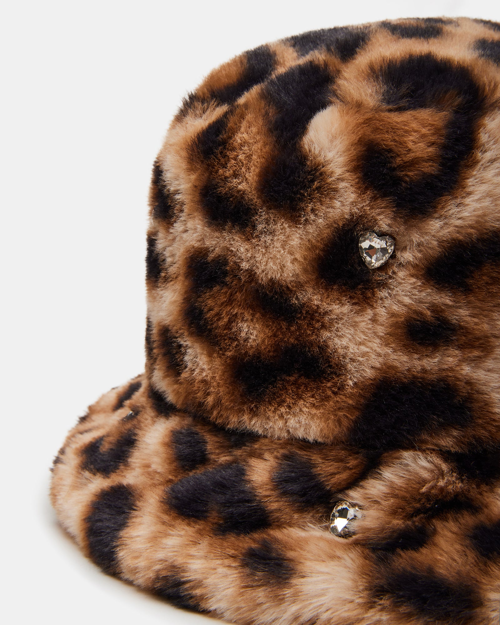 Close-up of the rhinestone embellishments on the faux fur hat