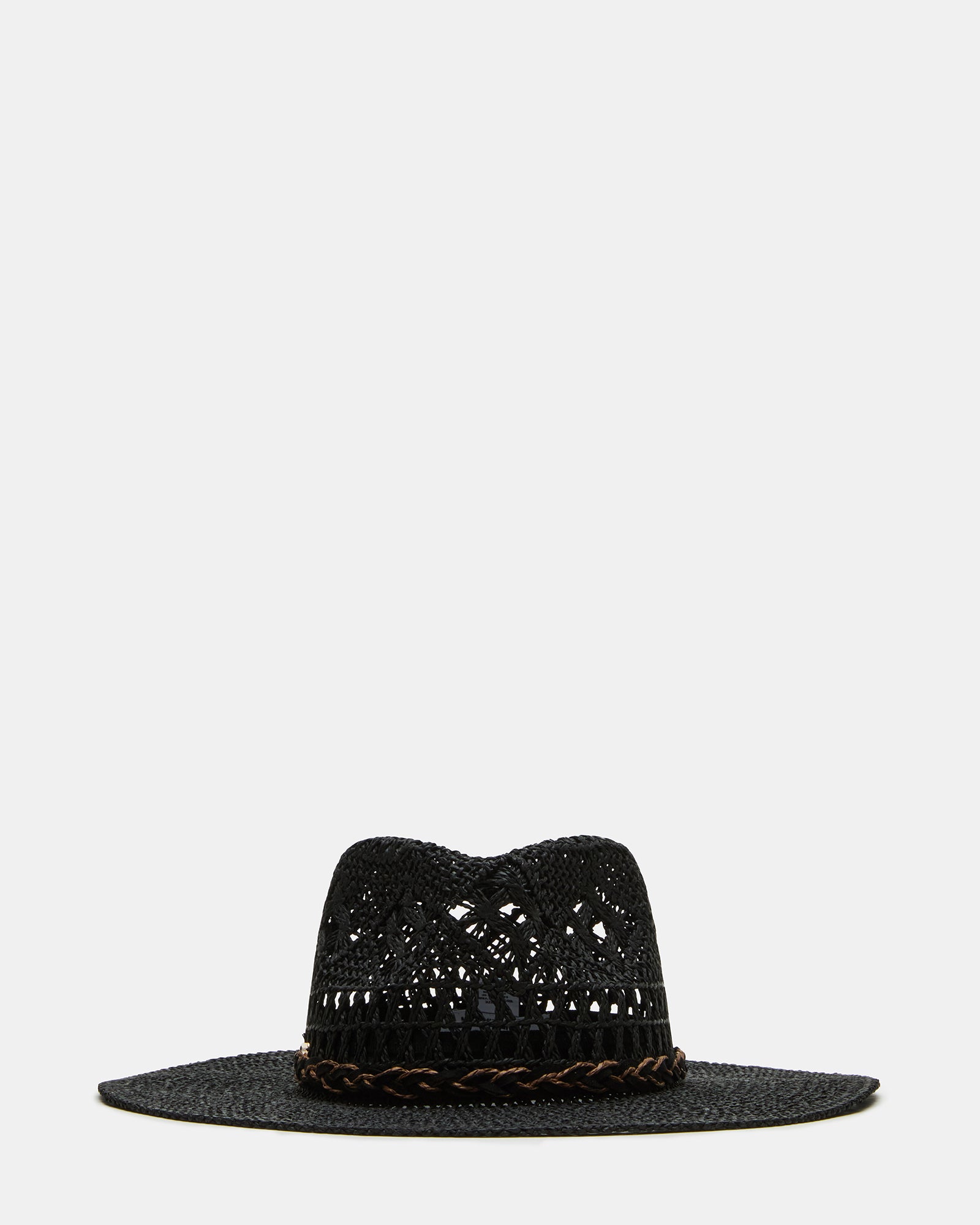 Black Panama hat with braided trim and flat brim for outdoor wear