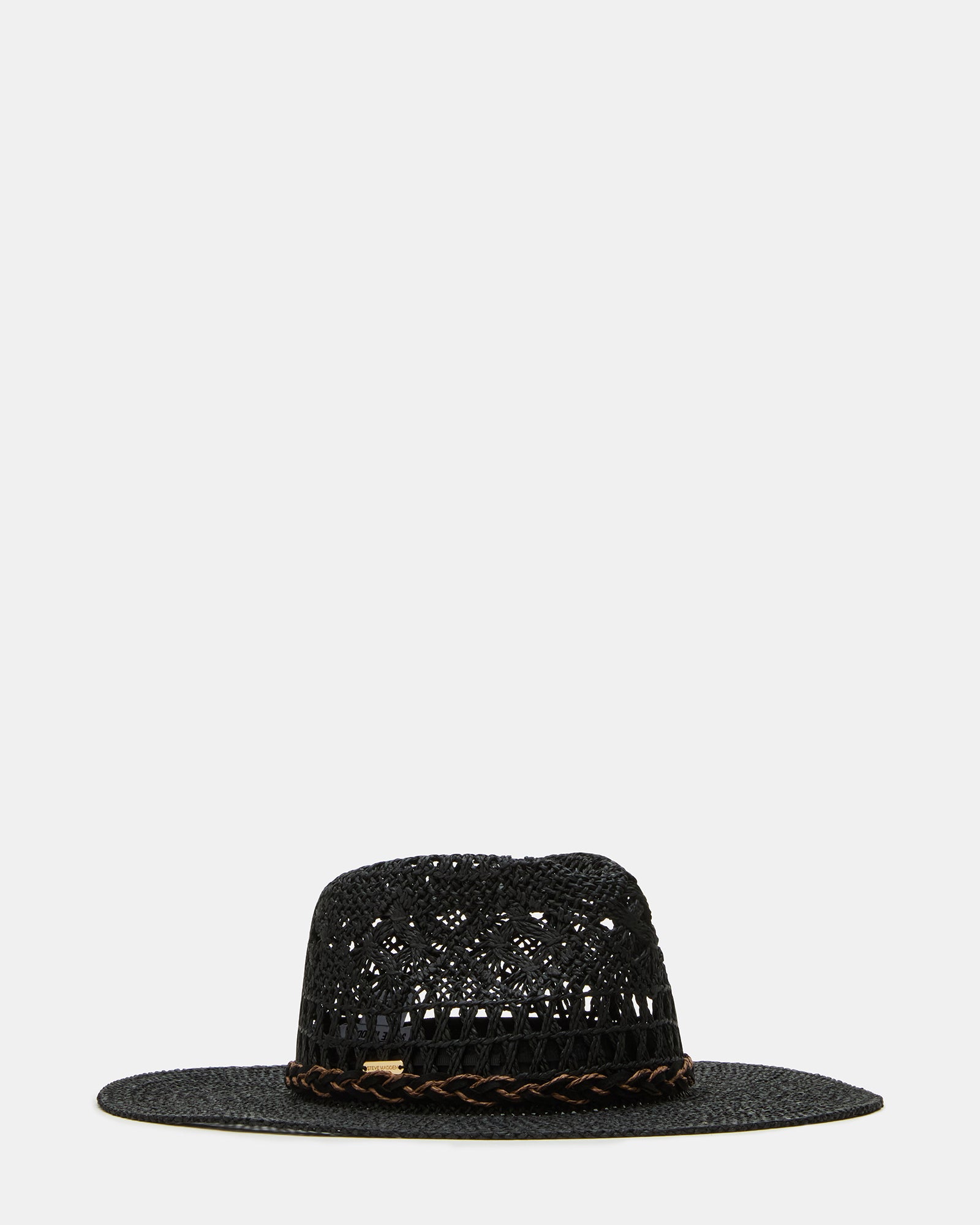 Front view of the stylish black western hat with unique braided detail