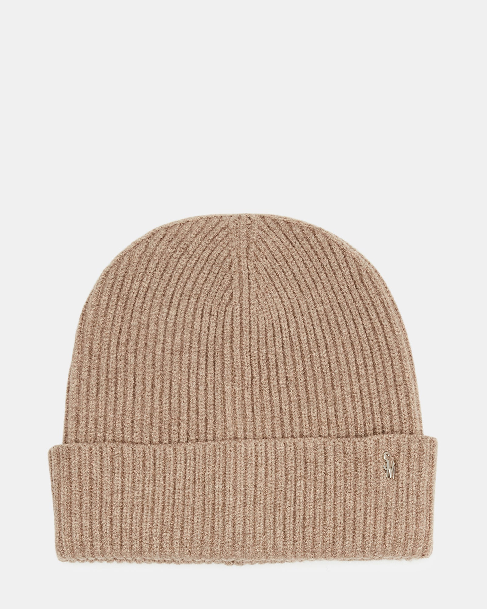 Front view of a camel ribbed knit beanie with folded cuff for winter warmth
