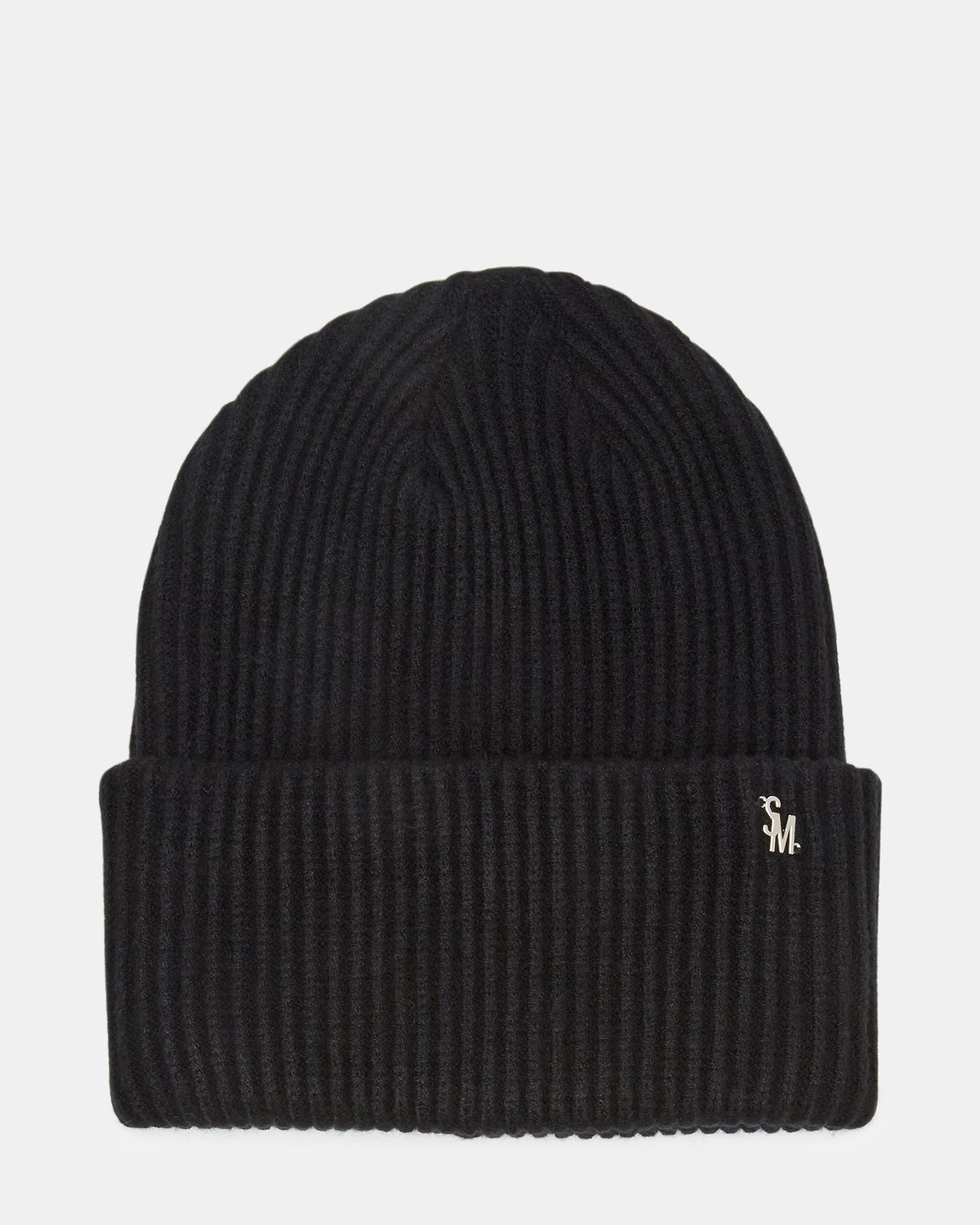 Close-up of the black ribbed knit beanie showcasing its double-layer design.