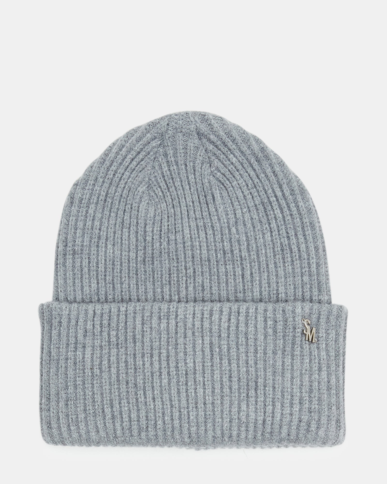 Side view of grey ribbed knit beanie, ideal for cold weather.