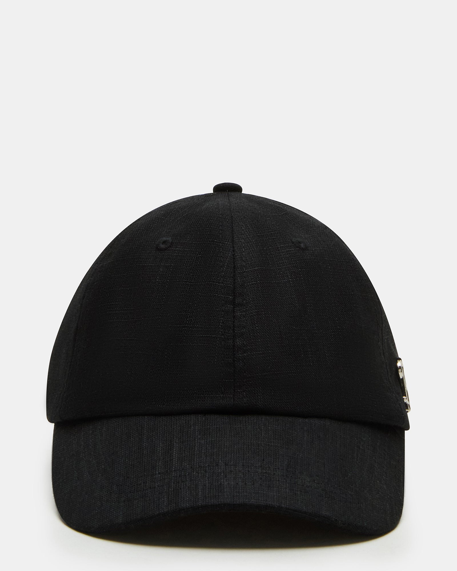 Black linen baseball cap displayed from the front, showcasing its classic design.