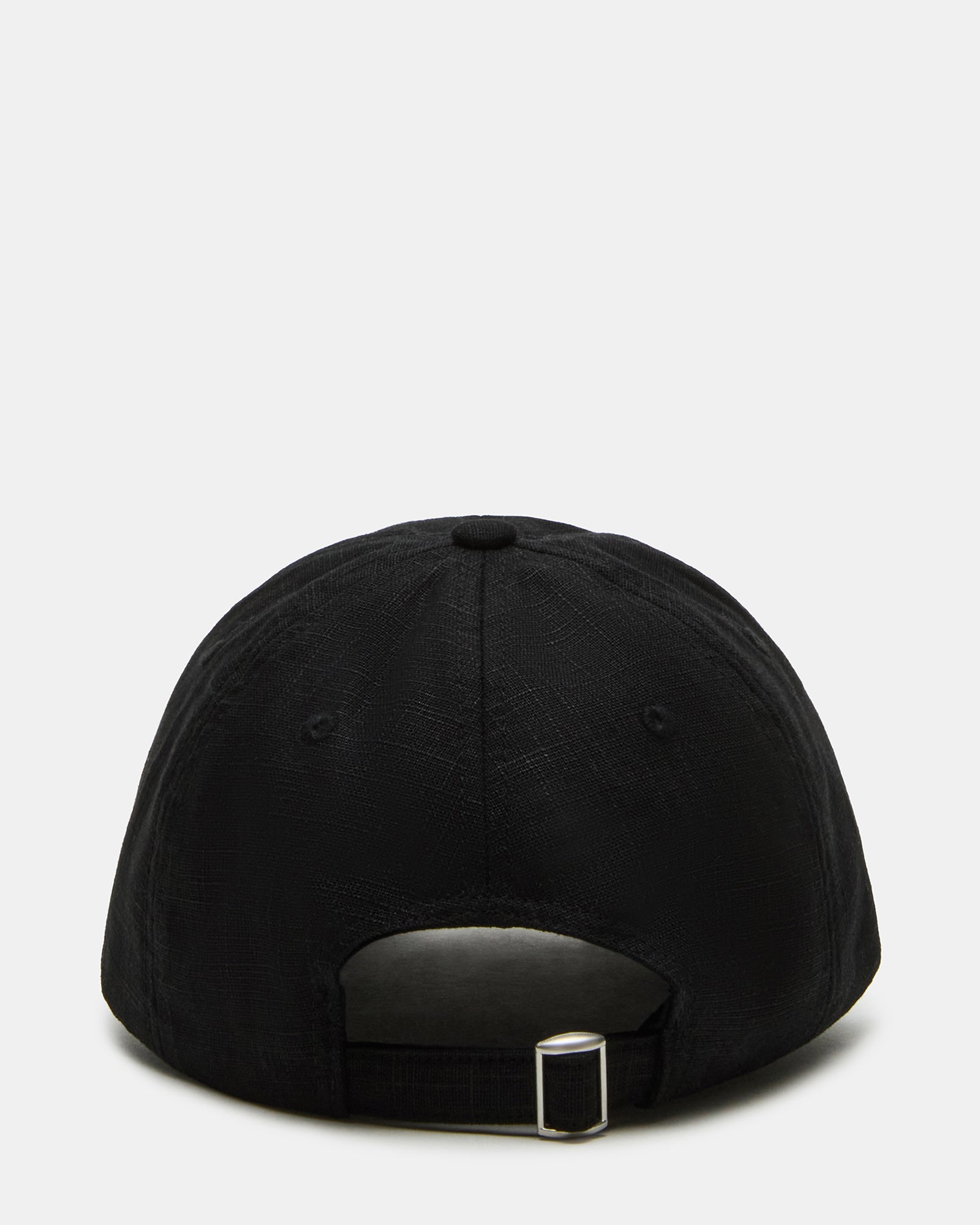 Close-up of the black linen baseball cap’s stitching and material texture.