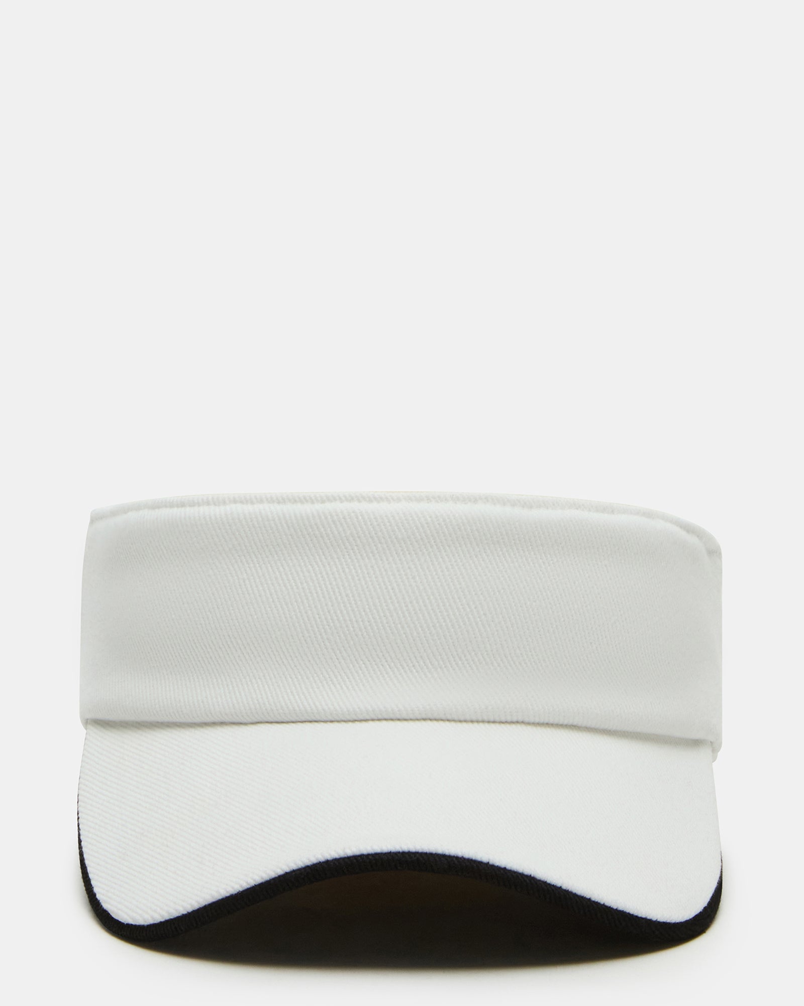 Men’s white golf visor worn during a sunny round, showcasing embroidered logo detail