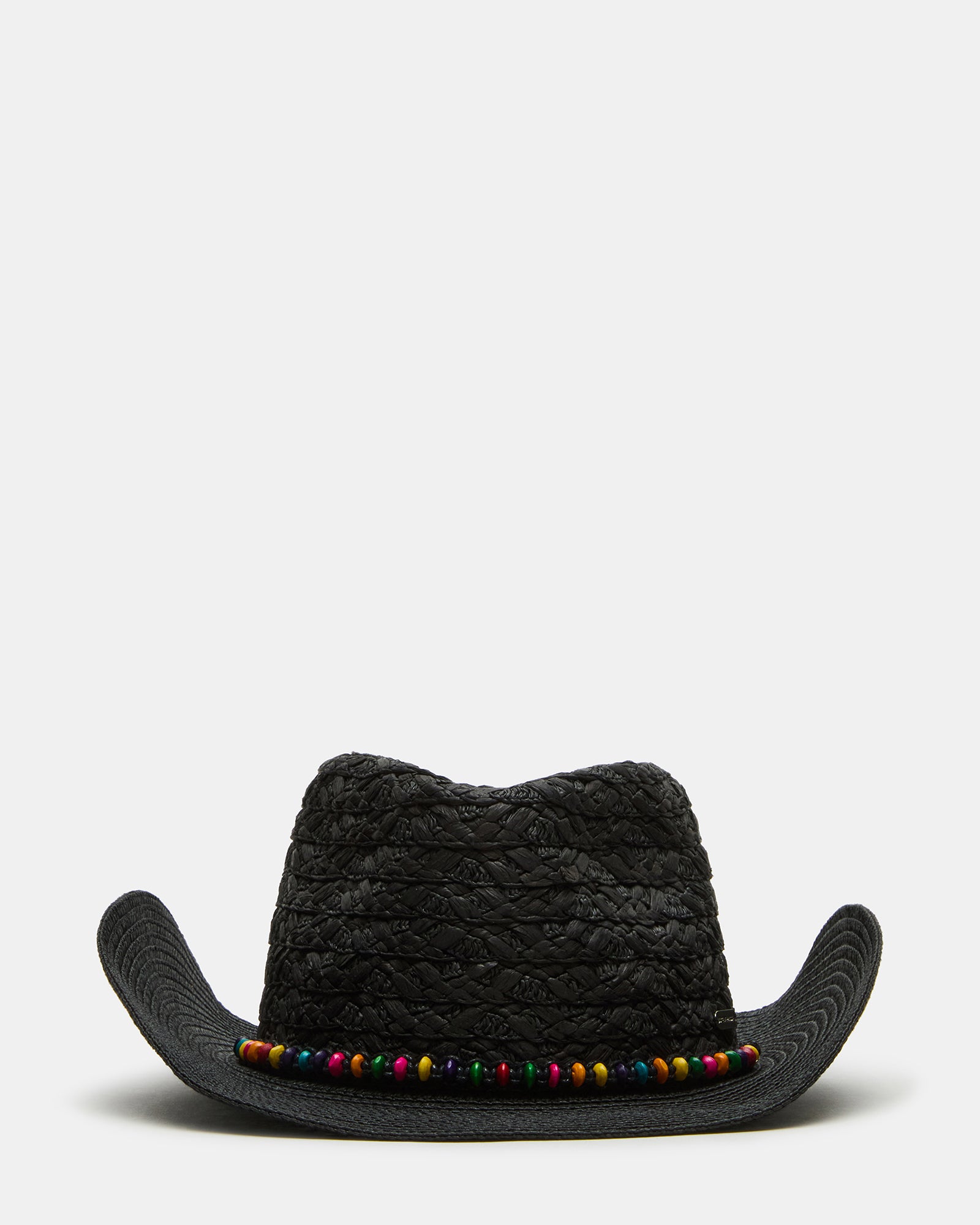 Front view of black western cowboy hat with beaded trim, ideal for country events