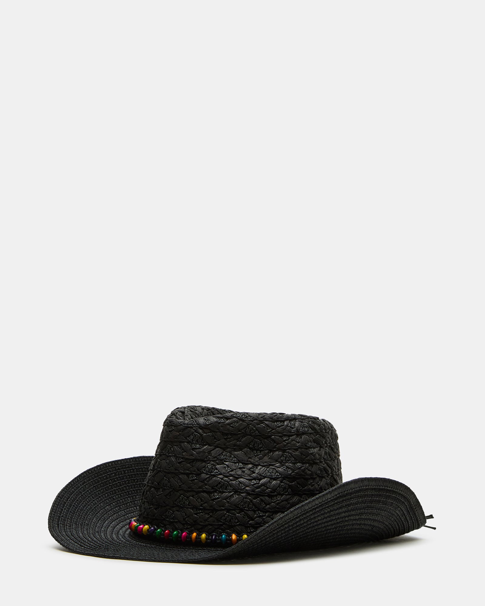 Close-up of multi-colored beaded detailing on cowboy hat brim
