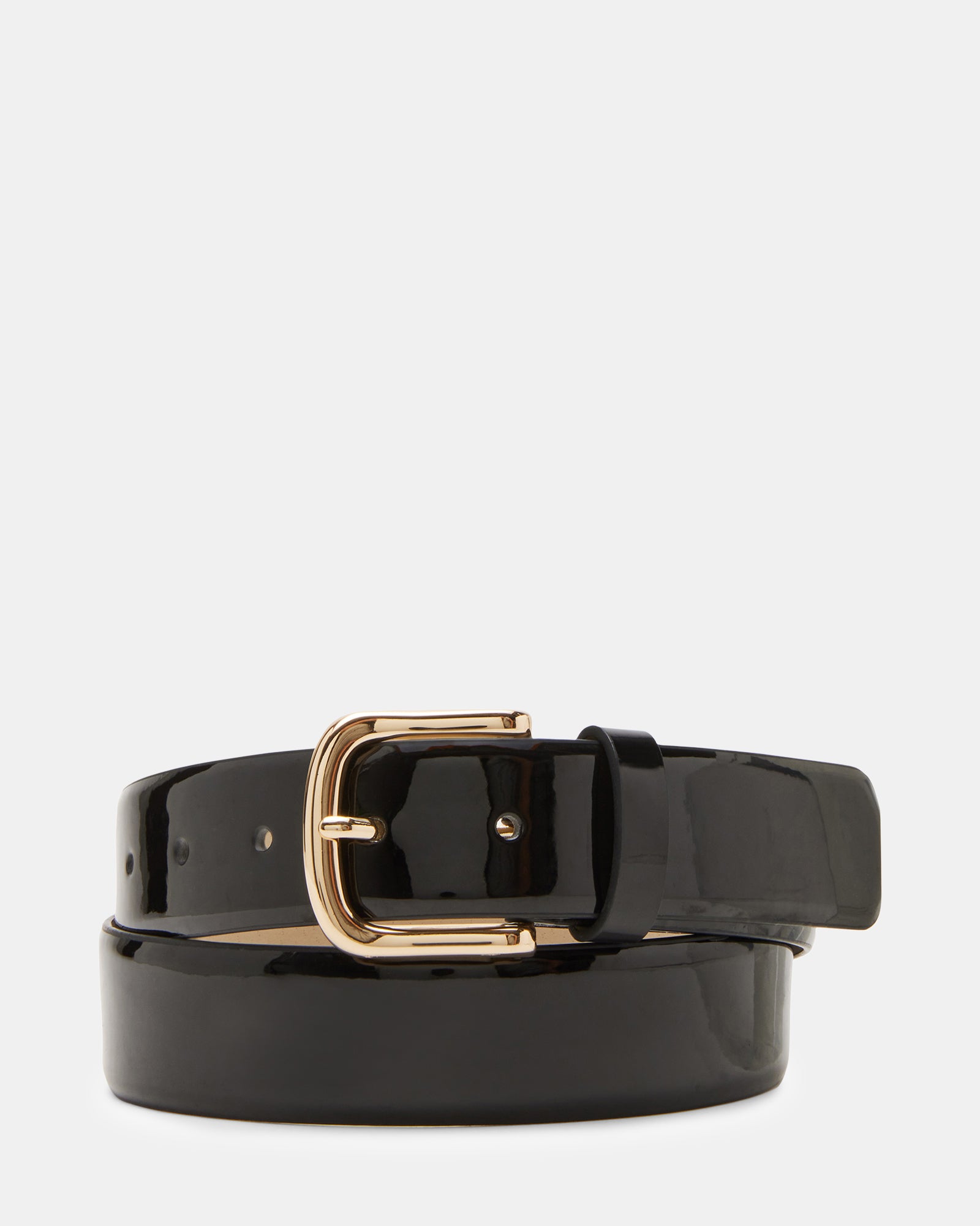 Top view of the patent leather belt highlighting feathered texture and polished buckle