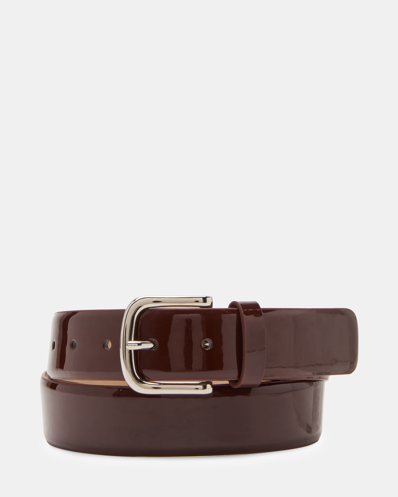 Close-up of the elegant wine patent designer belt showcasing the classic buckle.