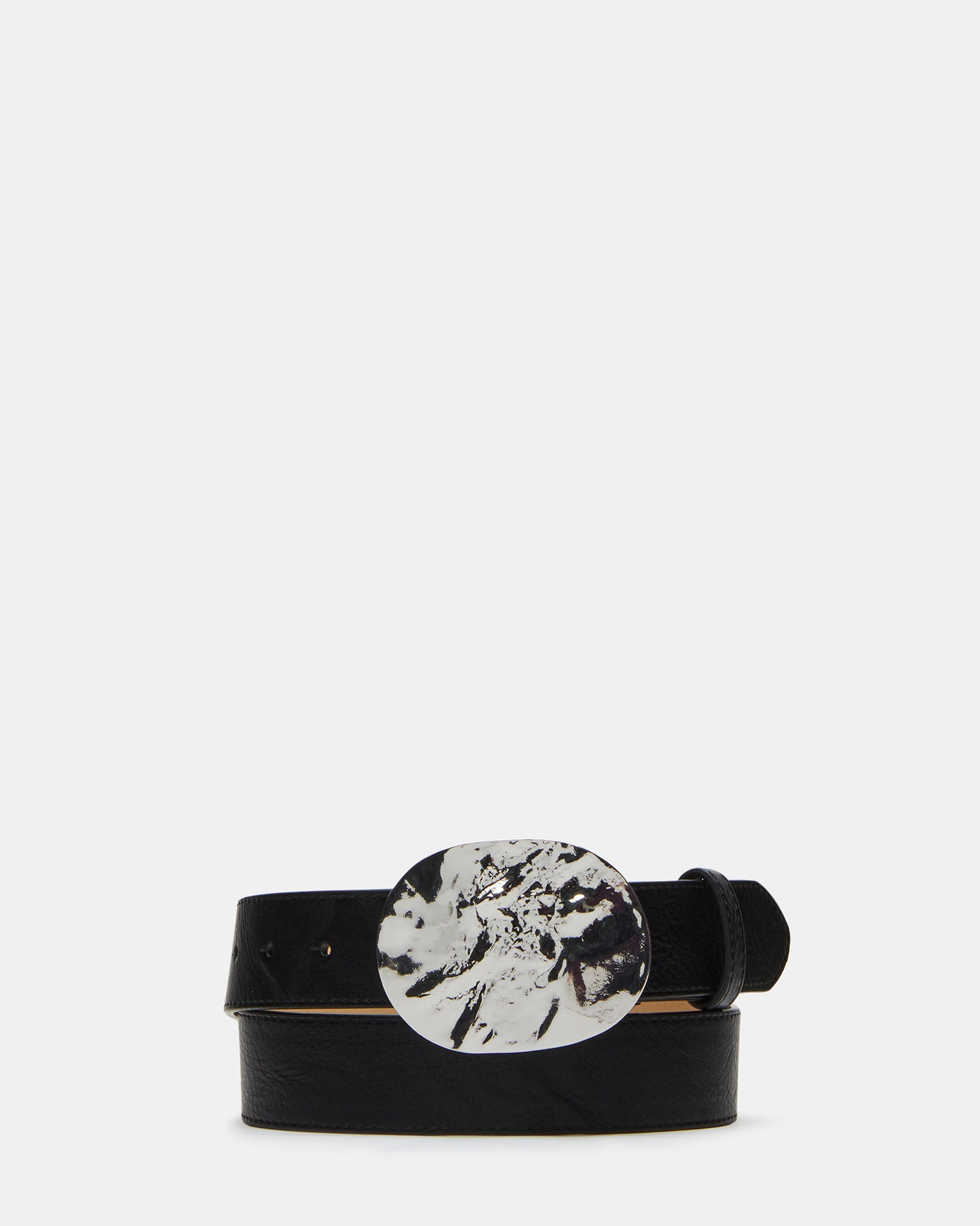 Close-up of silver plate buckle on black bb belt, highlighting texture and shine